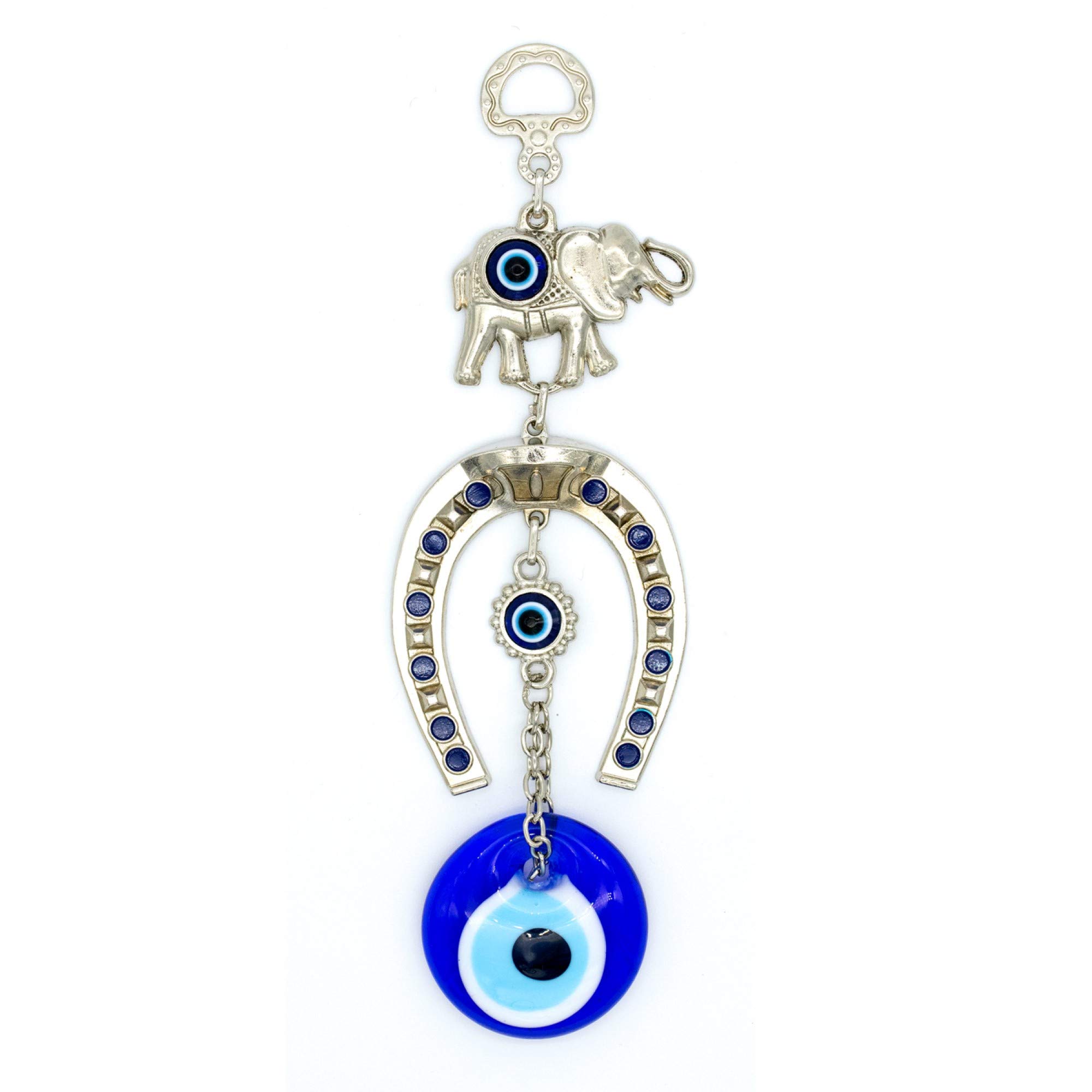 Demiwares Evil Eye Protection Charm, Lucky Horseshoe with Elephant Decor, Metal Wall Hanging Home Decoration for Good Luck and Blessings, Handmade Turkish Ornament (Small Single Elephant)