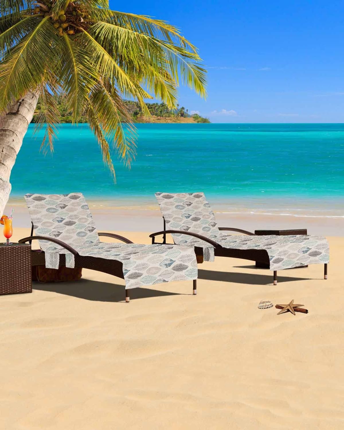 Vintage Leaves Beach Pool Patio Lounge Chaise Chair Cover Towel With Pockets,Absorbent & Quick Dry Microfiber Towel Cover Bag Summer Travel Accessories for Sunbathing Retro Blue Teal Purple Khaki Leaf