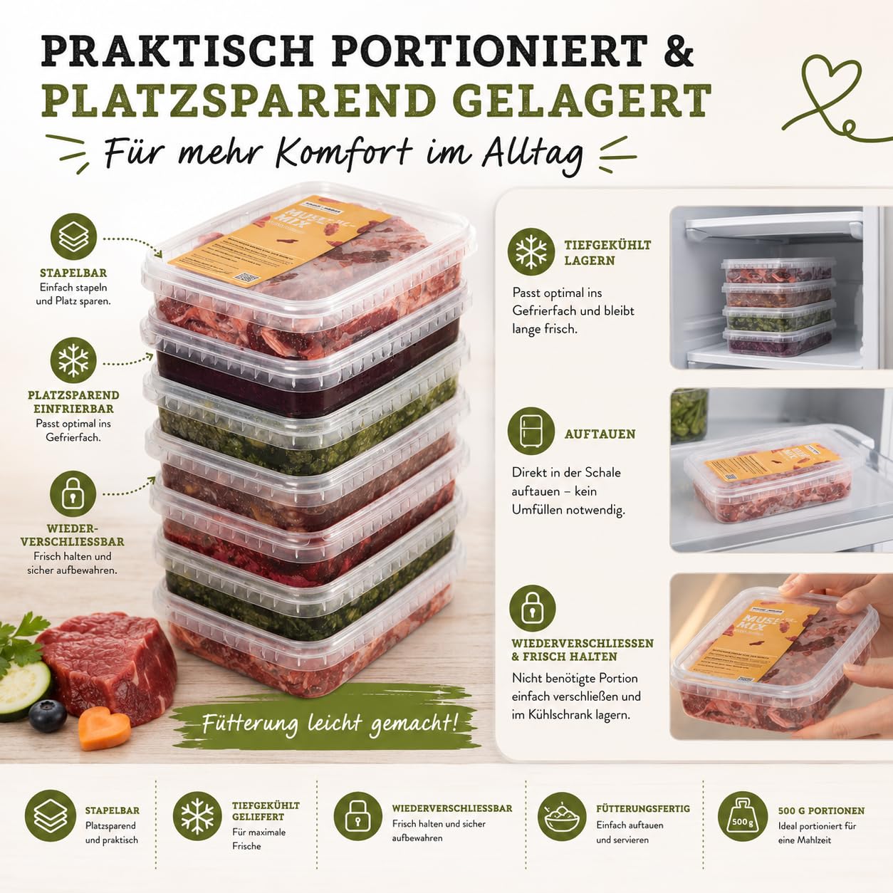 Barf-Seniorpaket – 22 Schalen Frostfutter – Speziell für ältere Hunde mit Kräutern, Ölen und Gemüse sowie Obst in den Fertigmixen