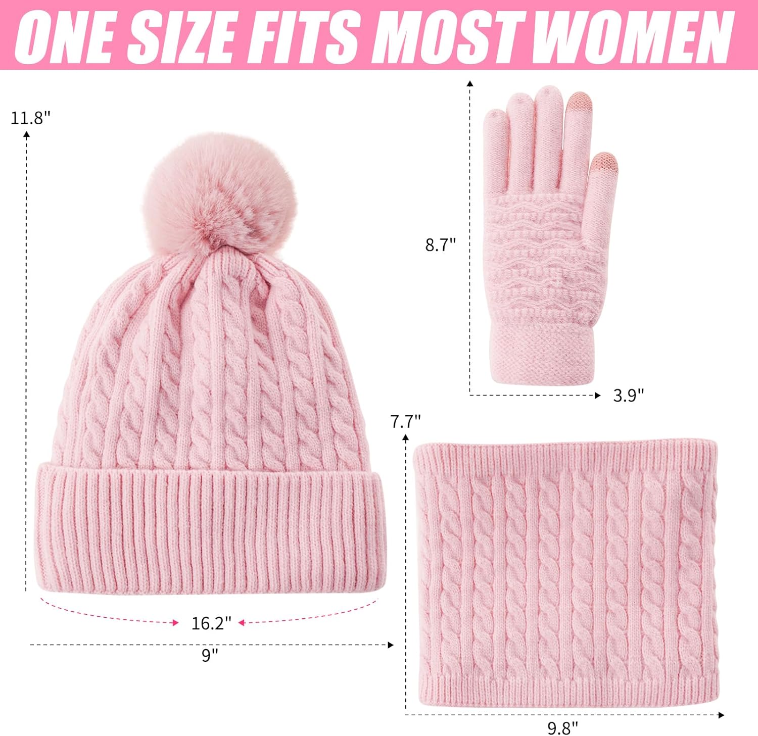 3Pcs Winter Women Beanie Hat Scarf and Touch Screen Gloves Sets Girls Classic Knit Warm Chunky Fleece Lined Cable Cap - Image 6
