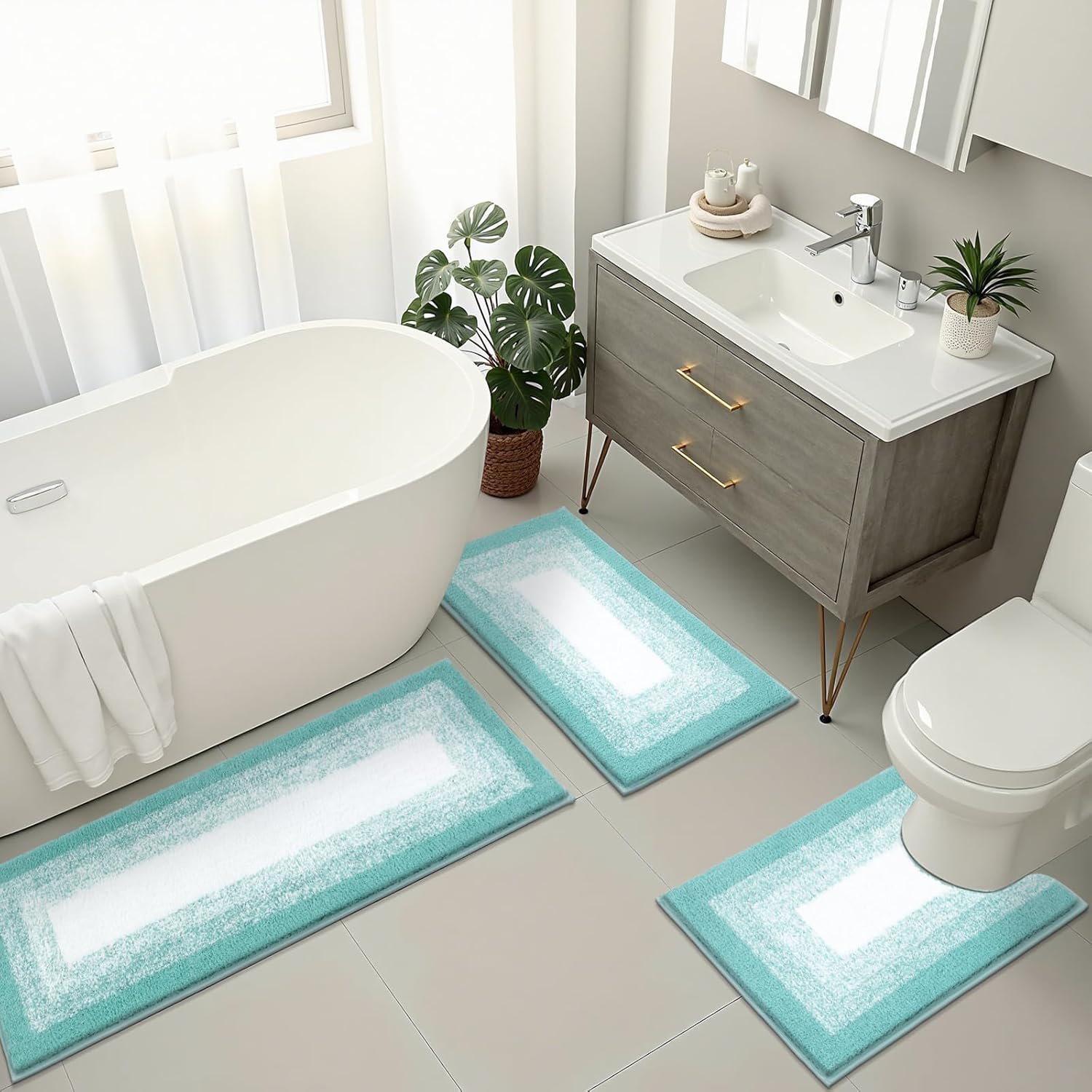 Bsmathom Microfiber Bathroom Rugs Sets 3 Piece, Non-Slip Absorbent Bath Mats for Bathroom, Soft Shaggy Bathroom Mat with U-Shaped Toilet Rug Machine Washable, Teal - Image 3