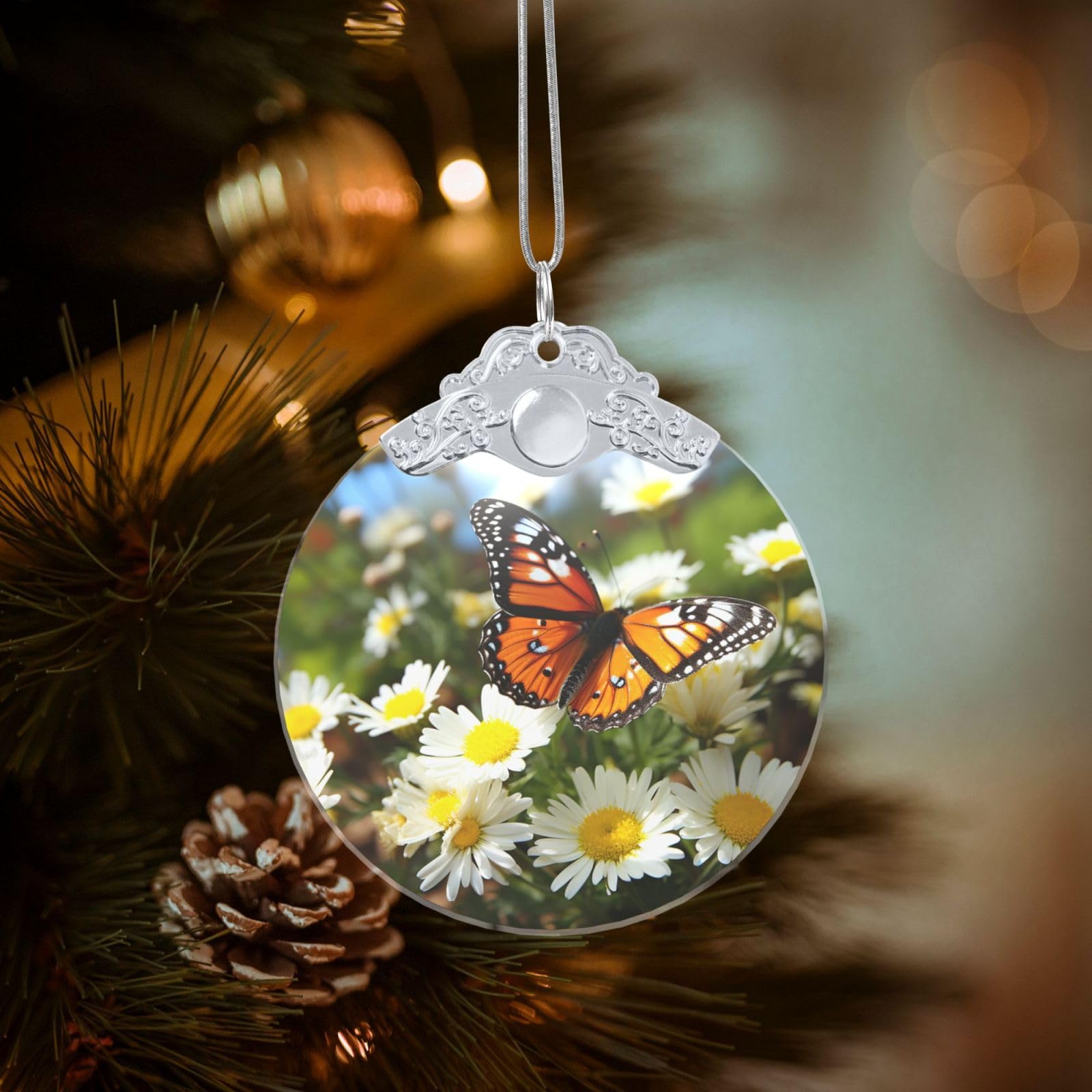 Crystal Christmas Ornaments for Christmas Tree Decoration Hanging Butterfly on Daisy Flower Ornament with Gold Ribbon Crafts Round Pendant for Keepsake Gifts Glass Xmas Decor Party Supplies