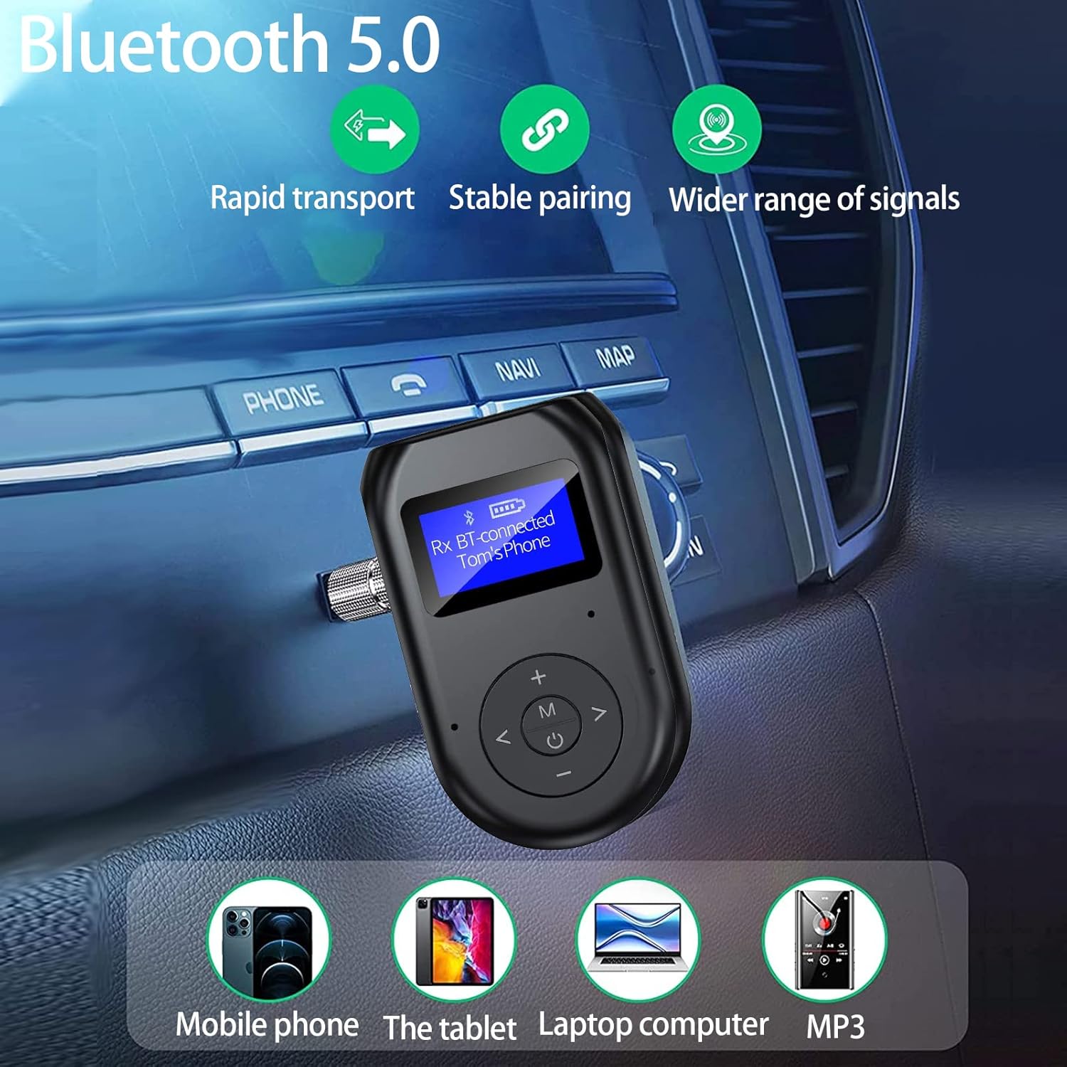 Bluetooth Transmitter Receiver, Low Latency 4-in-1 Wireless Bluetooth 5.0 Audio AUX Adapter with Display Screen for Car/Home Stereo System, TV,PC : Electronics