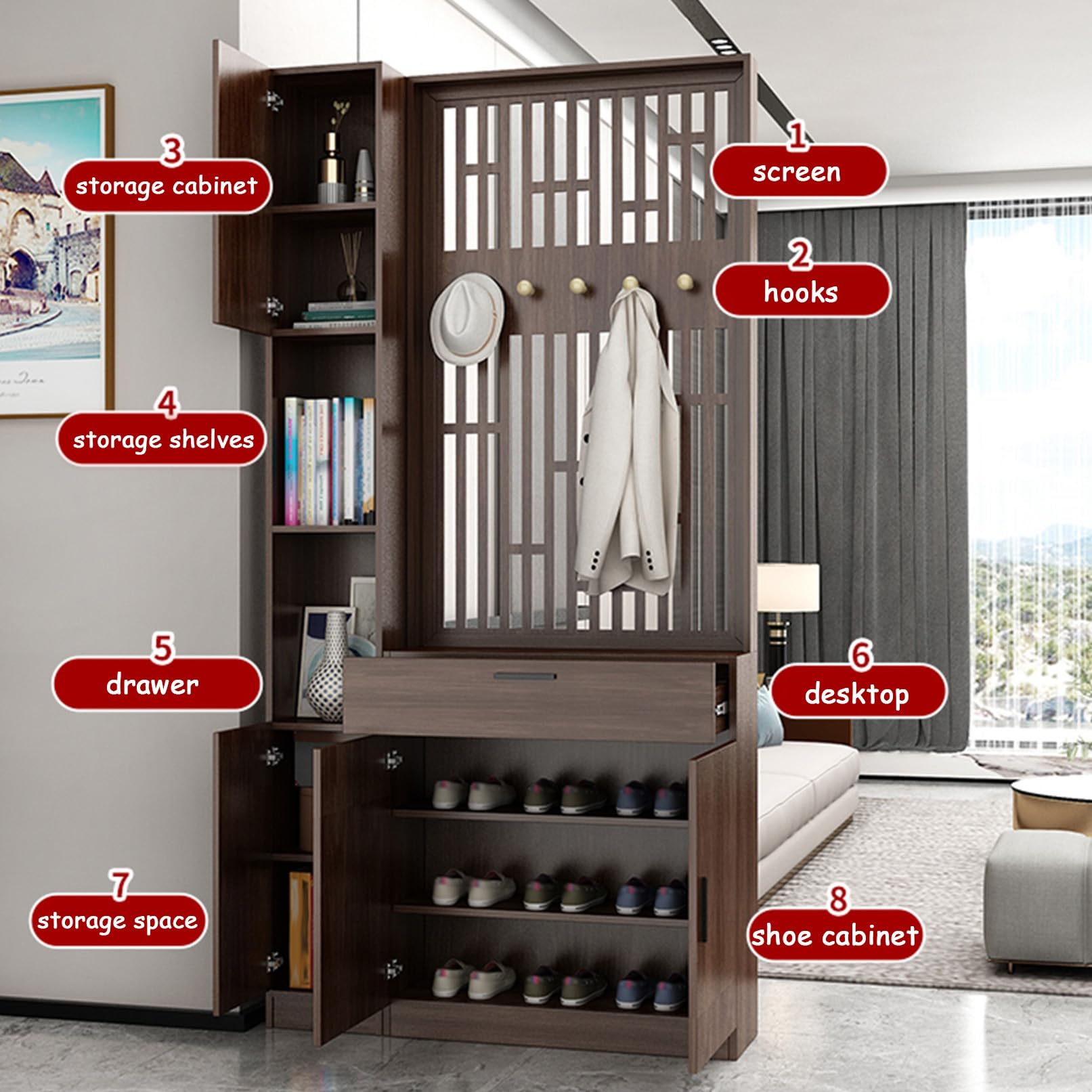 Pannello divisorio con armadio e libreria per casa, ufficio, soggiorno, camera da letto