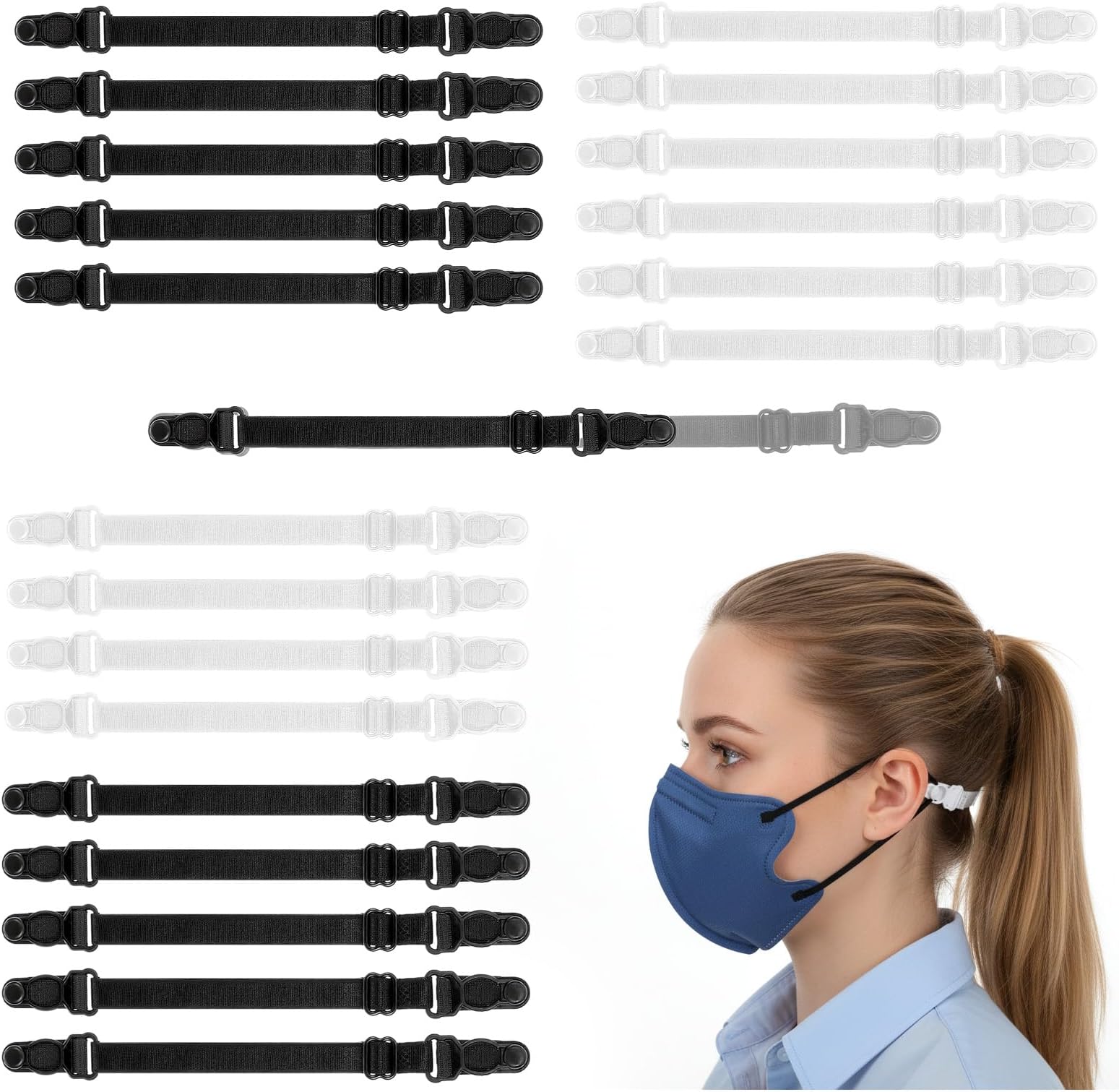 20pcs Mask Extenders,Adjustable Mask Holders to Protect Ears,Elastic Face Masks Extender Strap to Protect Ears for Back of Heads, Black, White