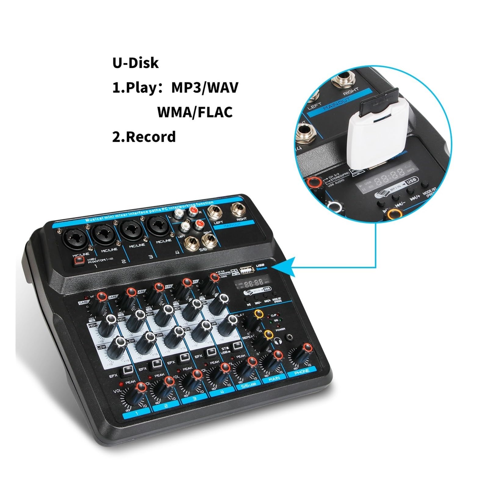 Consola Mezcladora Portátil, Mezclador De Audio, Interfaz De Controlador De Sonido USB For DJ De 4/6 Canales For Streaming De Grabación De Juegos De PC Ampliamente Aplicable(6 Channel)