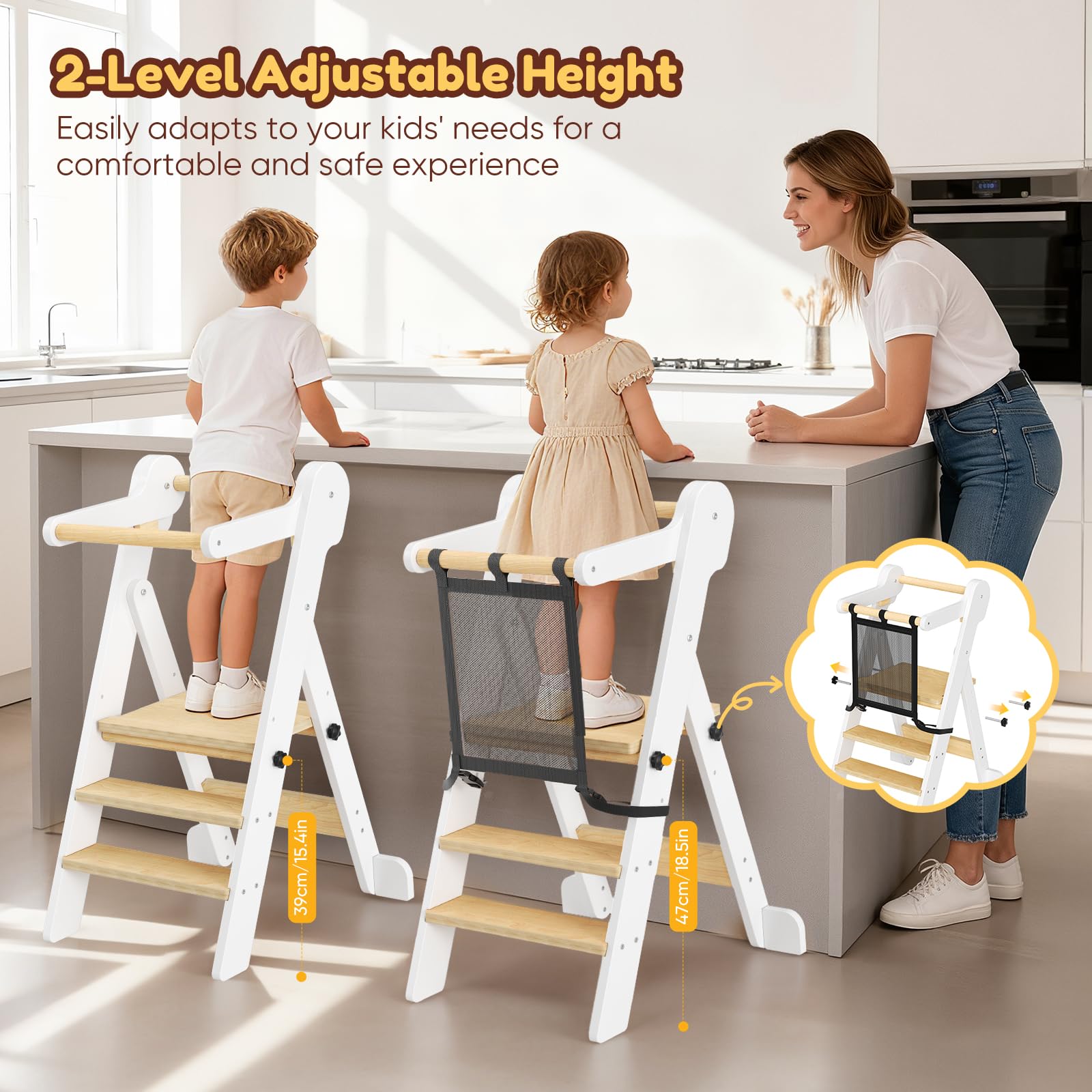 Tour d'apprentissage Montessori Réglable en Hauteur Pliable Anti-Bascule pour Enfants 18 Mois à 6 Ans Bois Naturel