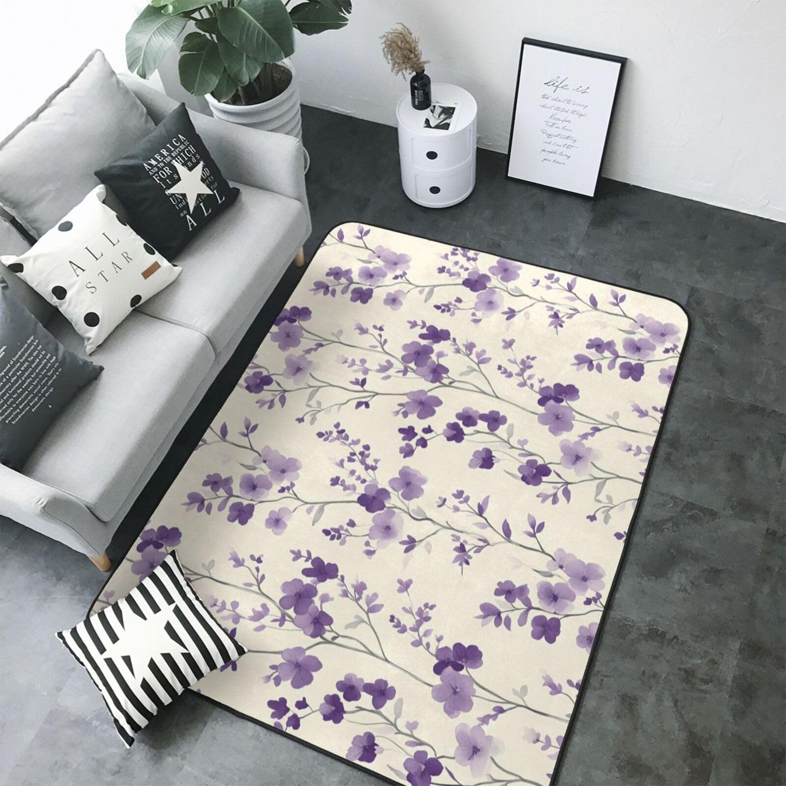Grand tapis de salon floral violet 203x147 pour chambre lavable antidérapant