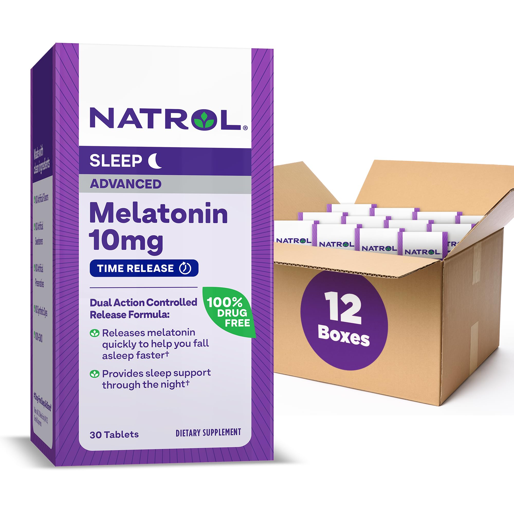 Natrol Advanced Sleep Melatonin 10mg, Dietary Supplement for Restful Sleep, Time Release Melatonin Tablets, 30 Time-Release Tablets, 30 Day Supply (Pack of 12)