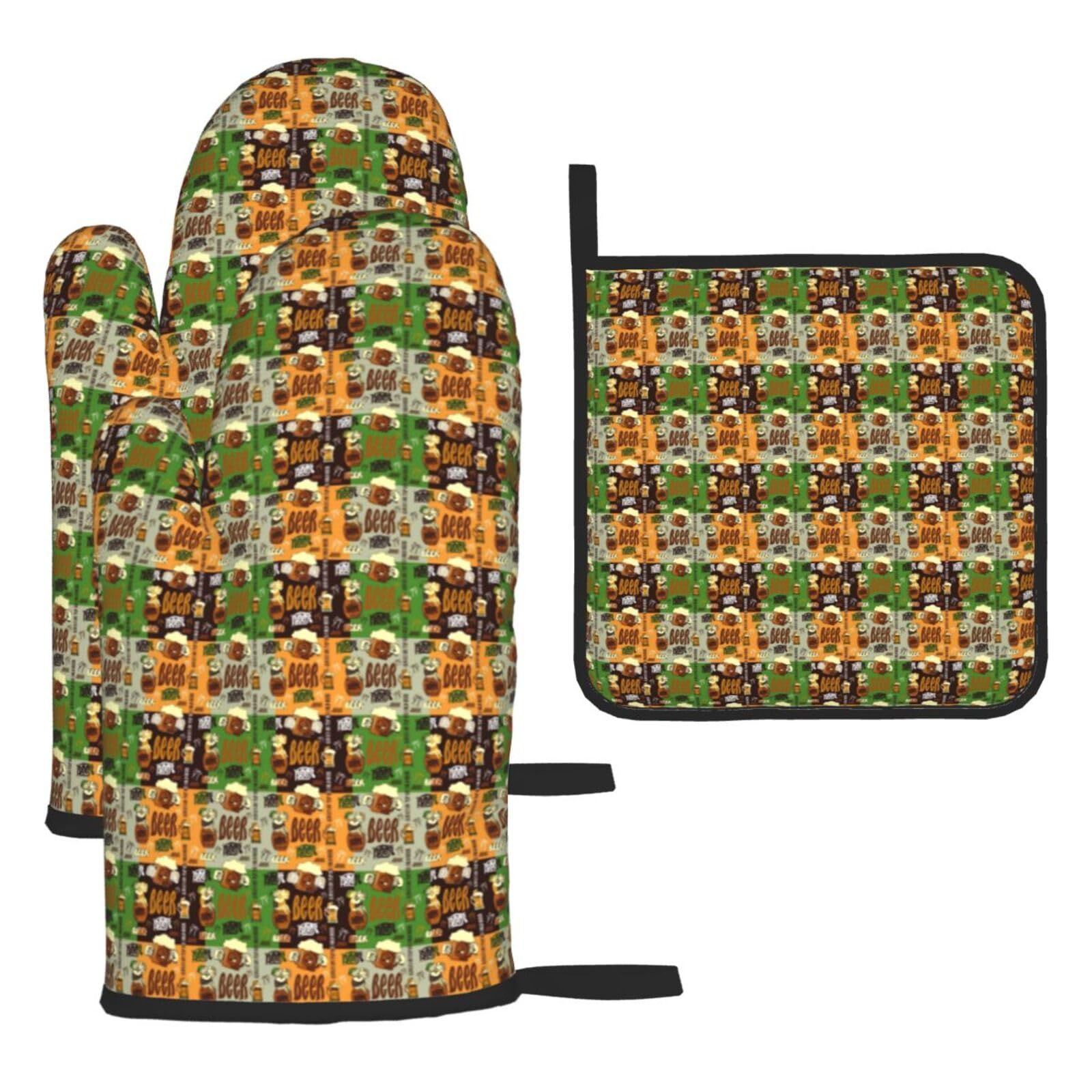 Beer Print Oven Set Kitchen Gloves Baking Grilling Microwaving Cooking Gift Everyday Holiday
