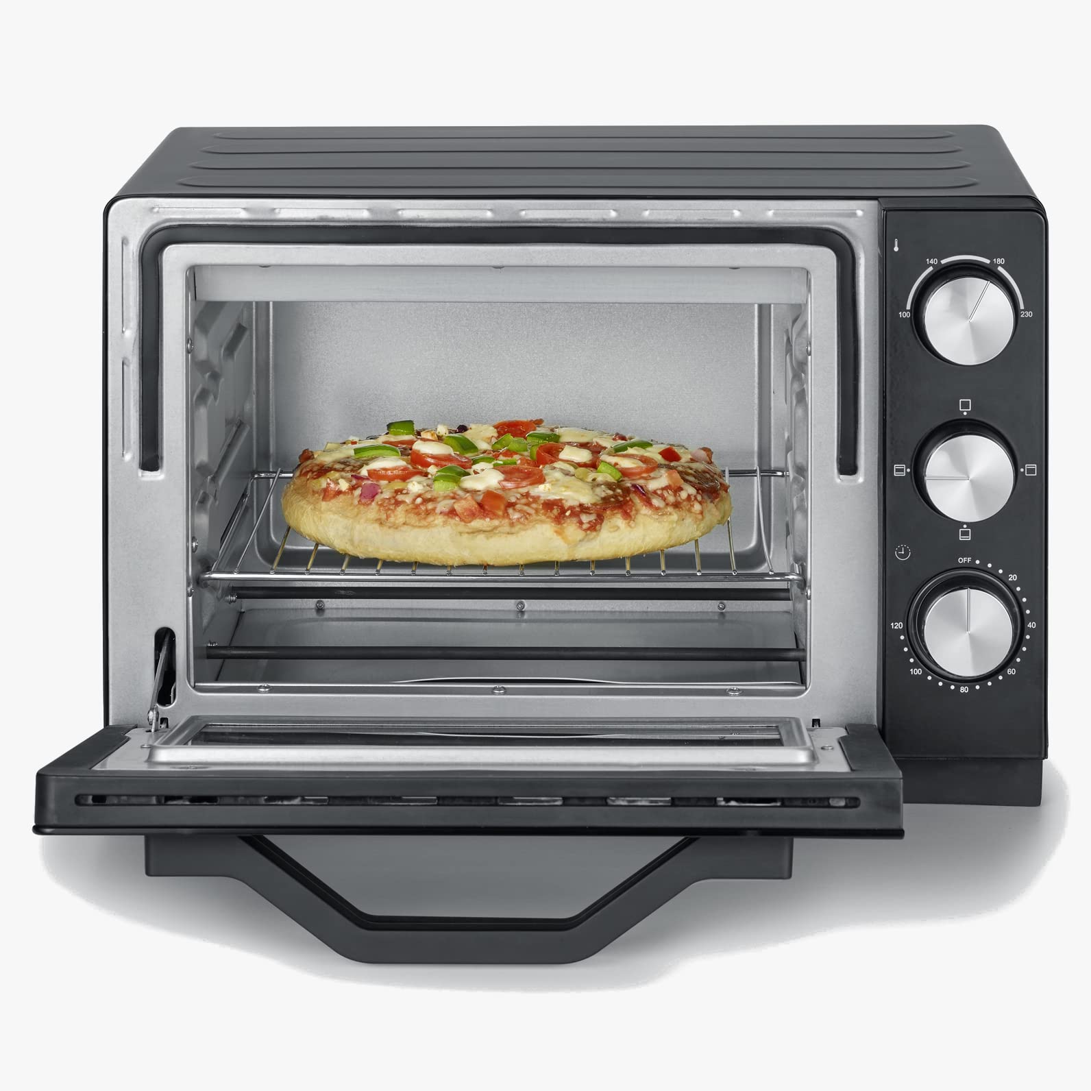 SEVERIN Back- und Toastofen mit Umluftfunktion, Mini Backofen mit Grillrost, Backblech und Krümelblech, bis zu 230 Grad, vielseitiger Toastofen mit 20 L Kapazität, 1.380 W, schwarz, Edelstahl, TO 2070