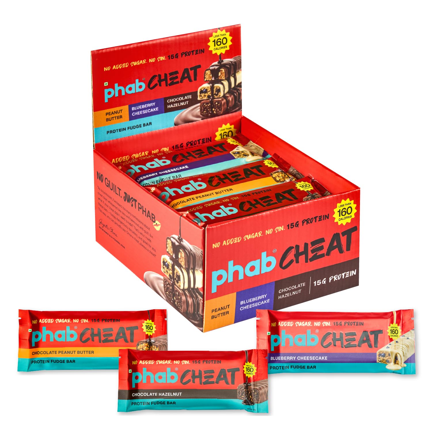 Phab Cheat Assorted Protein Bar Combo Pack – 12 Bars (4 Each of Chocolate Peanut, Chocolate Hazelnut & Blueberry Cheesecake) | 15g Protein, No Added Sugar, Guilt-Free Snack-image-22