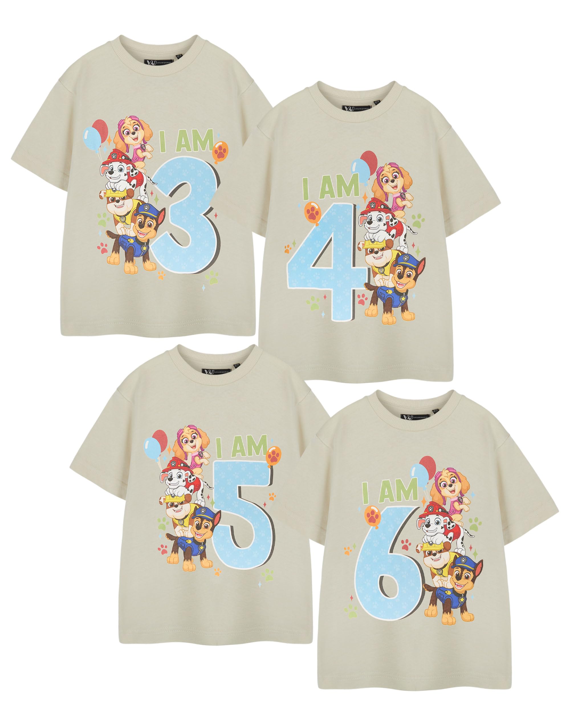 Paw Patrol Boys Beige Short Sleeved T-Shirt | Birthday Age Graphic Tee for Kids | Chase Marshall Rubble Skye Characters | Children's Cartoon Apparel Birthday Theme Top