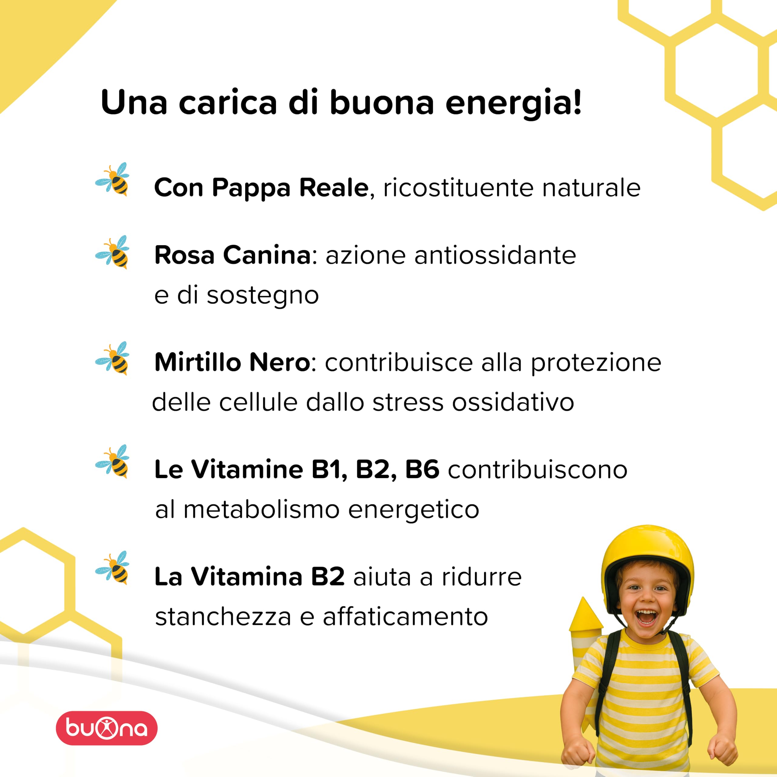 Buona Energia Oro Flaconcini Bambini 10 Flaconcini da 10 ml, con Pappa Reale, Vitamina B1, B2 e B6, Rosa Canina e Mirtillo Nero, Integratore Stanchezza, Ricostituente Senza Lattosio