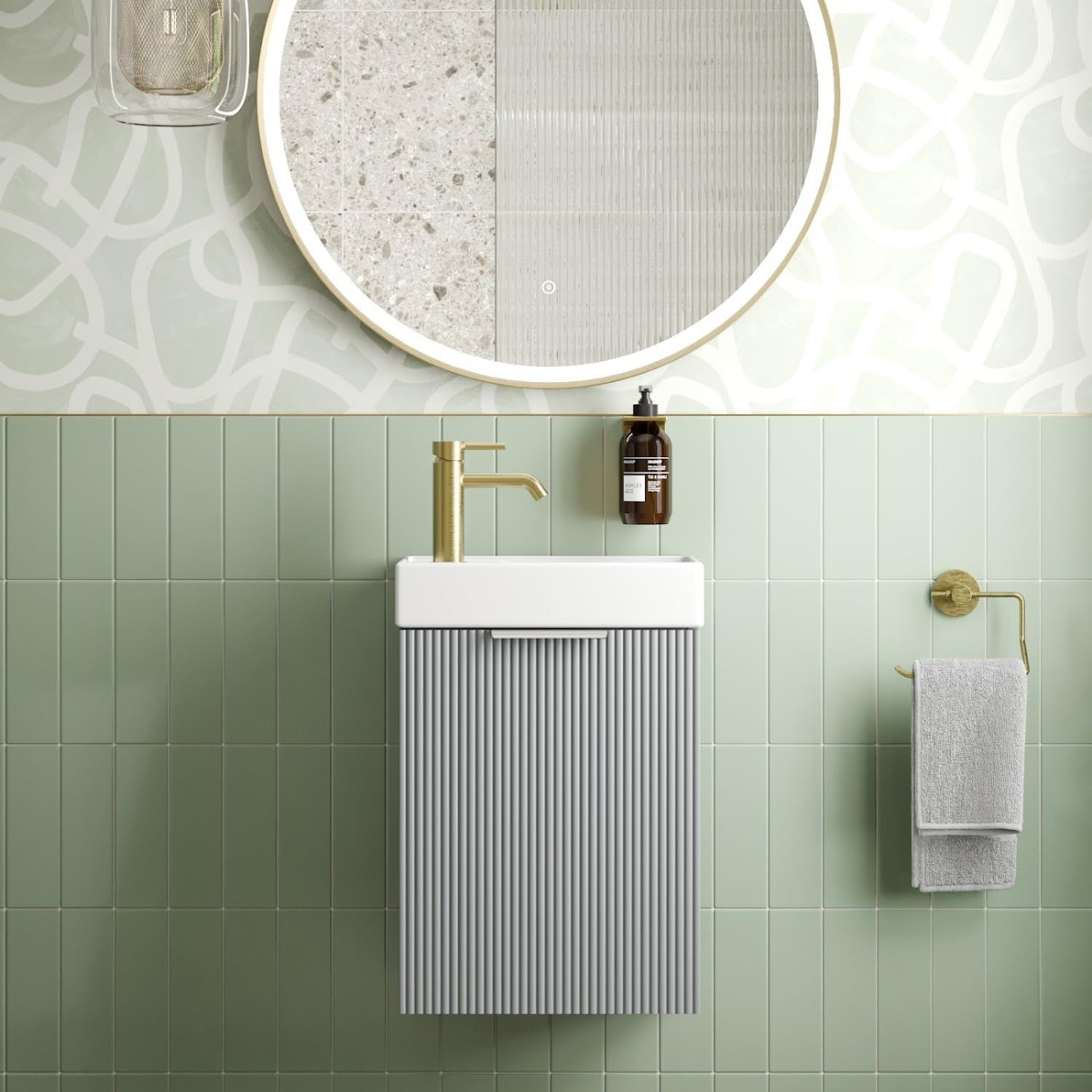 Fluted 400mm Bathroom Vanity Unit Ceramic Wash Sink, Cloakroom Storage Furniture Under Basin Cabinet Wall Hung Cupboard, Matt Grey