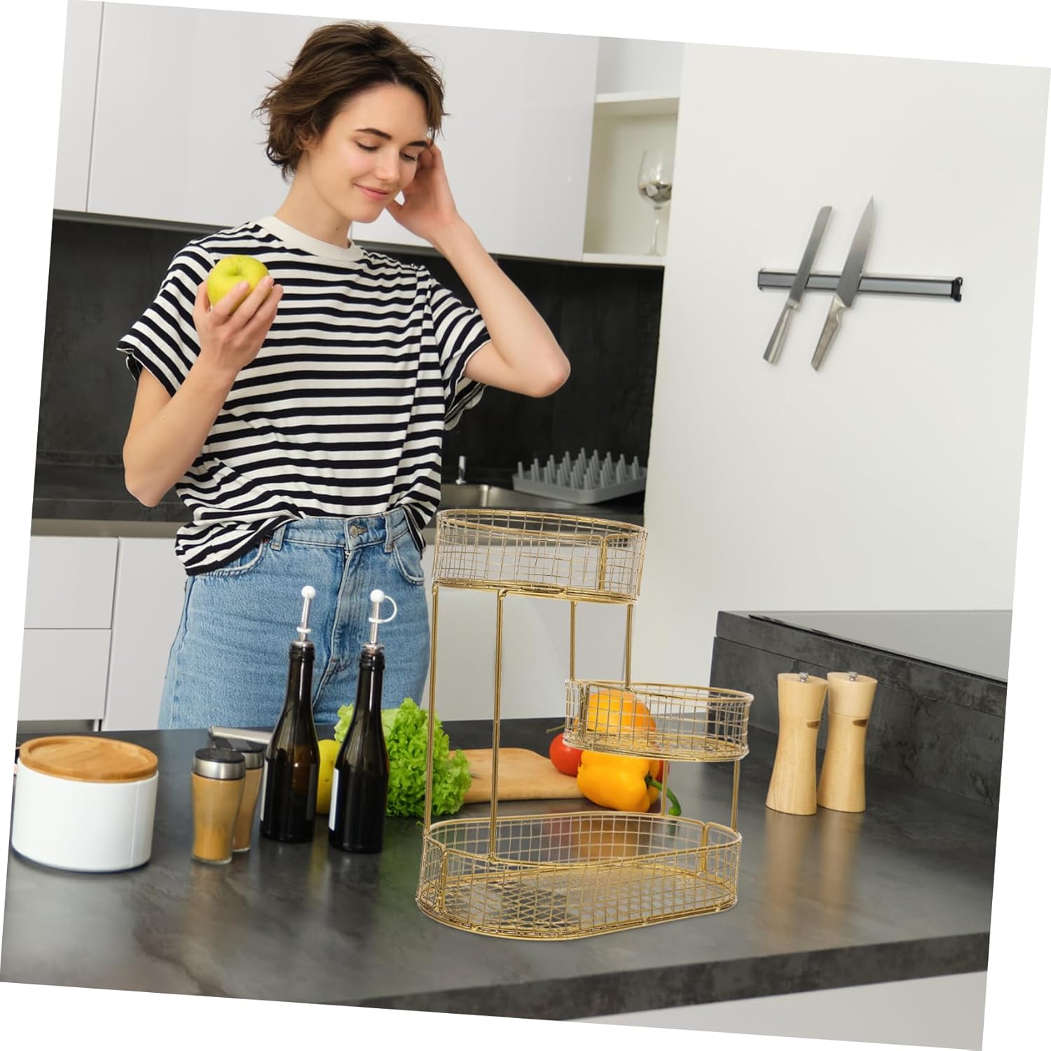 Modern Fruit Basket Countertop Fruit Bowl Tiered Plate Metal Mesh Organizer Vegetable Holder Home Use