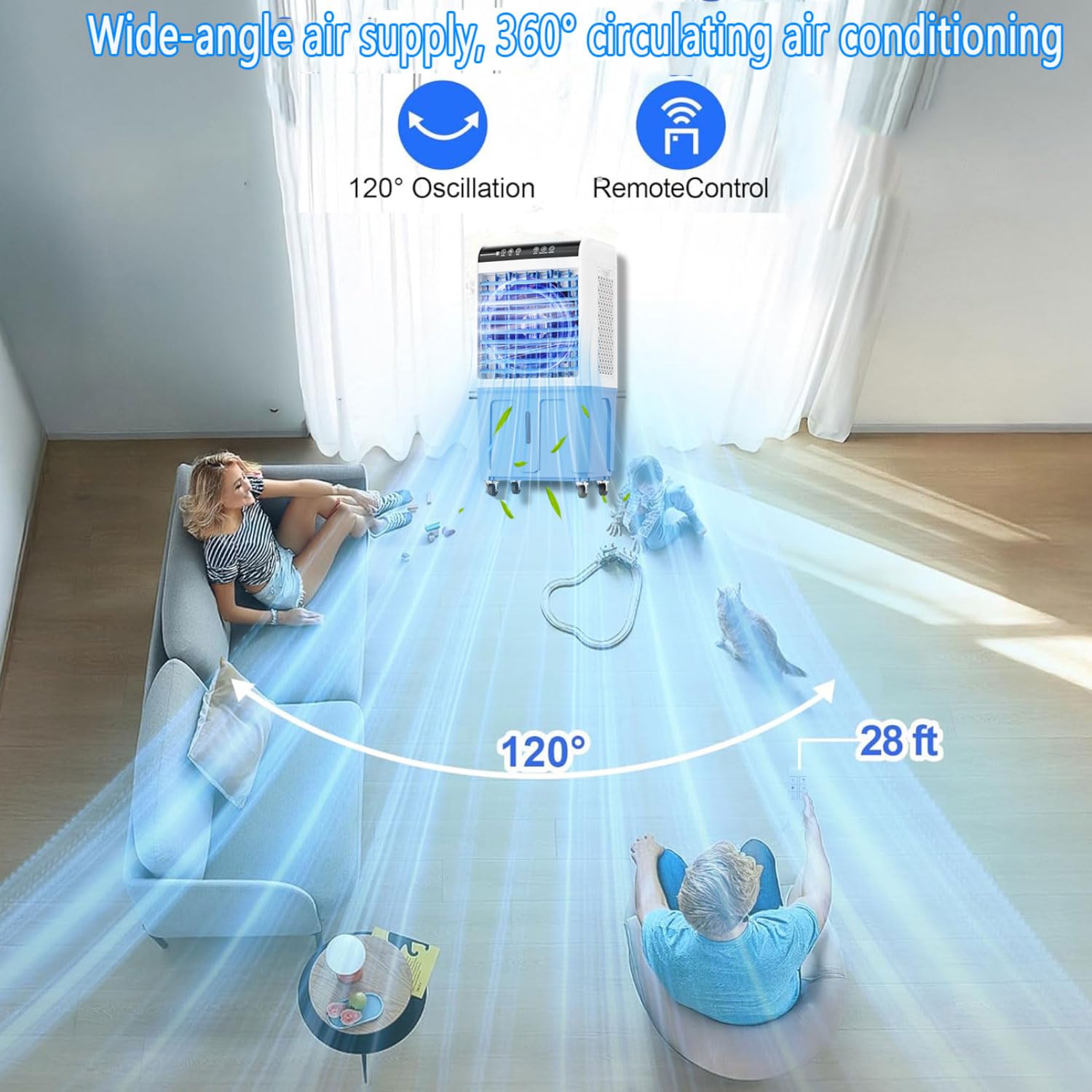 Condizionatore d'aria portatile senza finestre, dispositivo di raffreddamento 3 in 1 con grande serbatoio d'acqua, oscillazione di 120°, per interni ed esterni, camera da letto, ufficio, patio