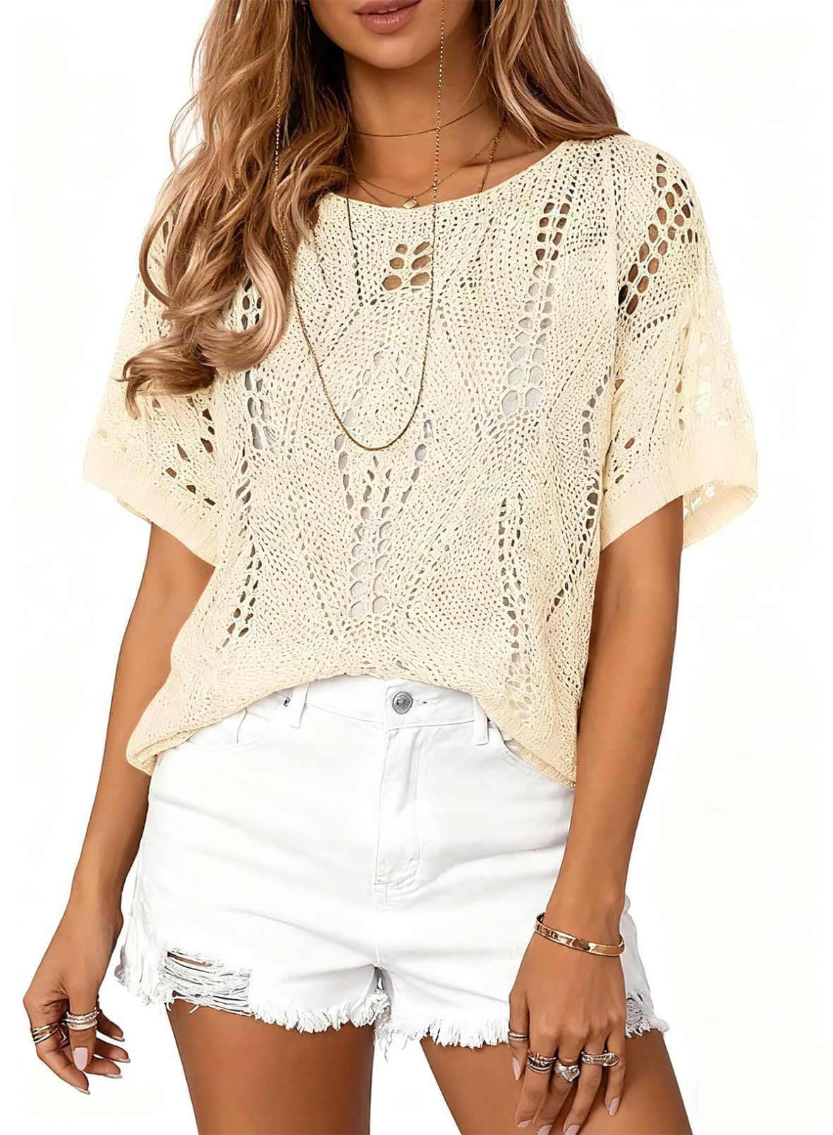 Eytino Womens Plus Size Tops Crochet Hollow Out Half Sleeve Spring Summer Sweaters 2026 Trendy Beach Cover Ups