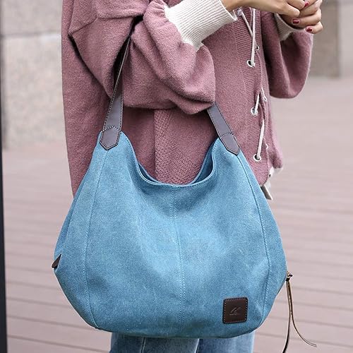 Miniatura 6 de Dourr Bolso para hombro para mujer, con múltiples bolsillos, bolso de mano moderno de lona de algodón