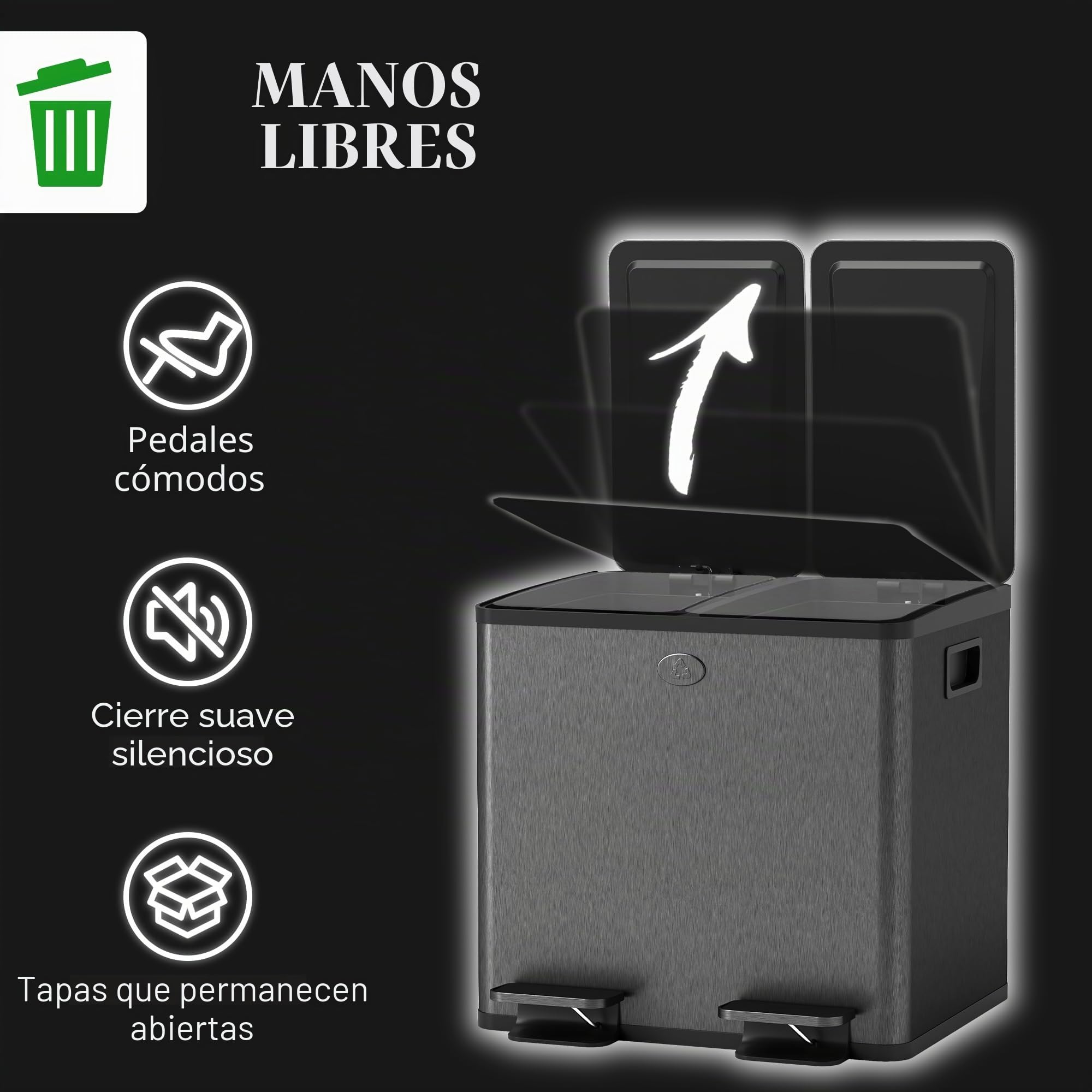 HOMCOM Cubo doble de cocina 2x15L, acero inoxidable, tapa suave, Negro | Cubo de basura doble, cubos interiores extraíbles, resistente a huellas, para reciclaje y residuos