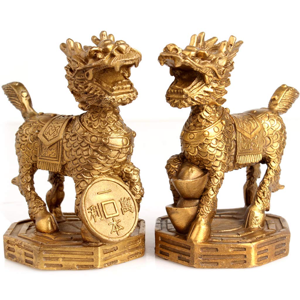 SnamicE Ornaments Pair Brass Qilin/Kylin Statue Sculpture,for Home Office Decoration Attract Wealth and Good Luck Best Housewarming Congratulatory Gift,