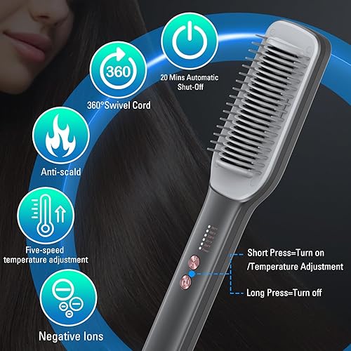 Miniatura 9 de SDLOGAL Cepillo alisador de pelo, cepillo alisador de pelo para mujer, con 5 temperaturas y calentamiento rápido, estilo de salón fácil y rápido,