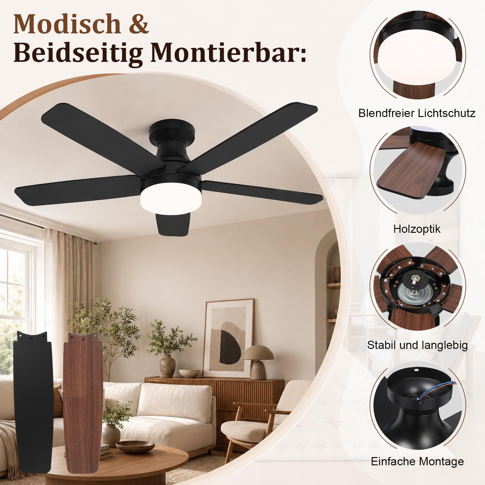 Smarter Deckenventilator mit Beleuchtung 106 cm, App & Fernbedienung, 3 Farbtemperaturen, 6 Stufen, Reversible Flügel, 30dB Leiser DC Motor DeckenleuchteDimmbare LED, für Schlafzimmer & Wohnzimmer