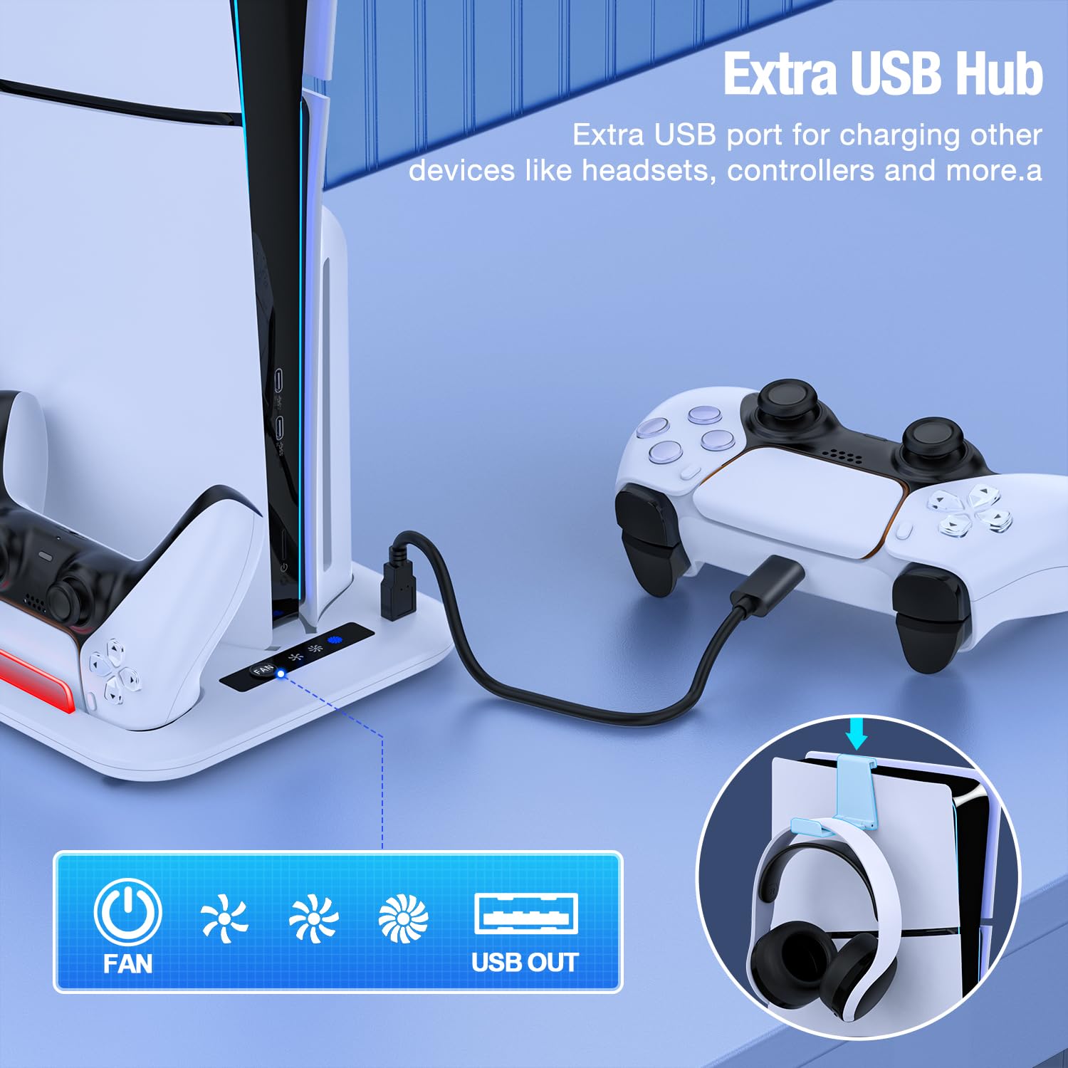 Station de refroidissement fine PS5 avec chargeur double contrôleur, ventilateur de refroidissement turbo à 3 vitesses, hub USB et crochet pour casque pour console Playstation 5 Slim Edition/Digital