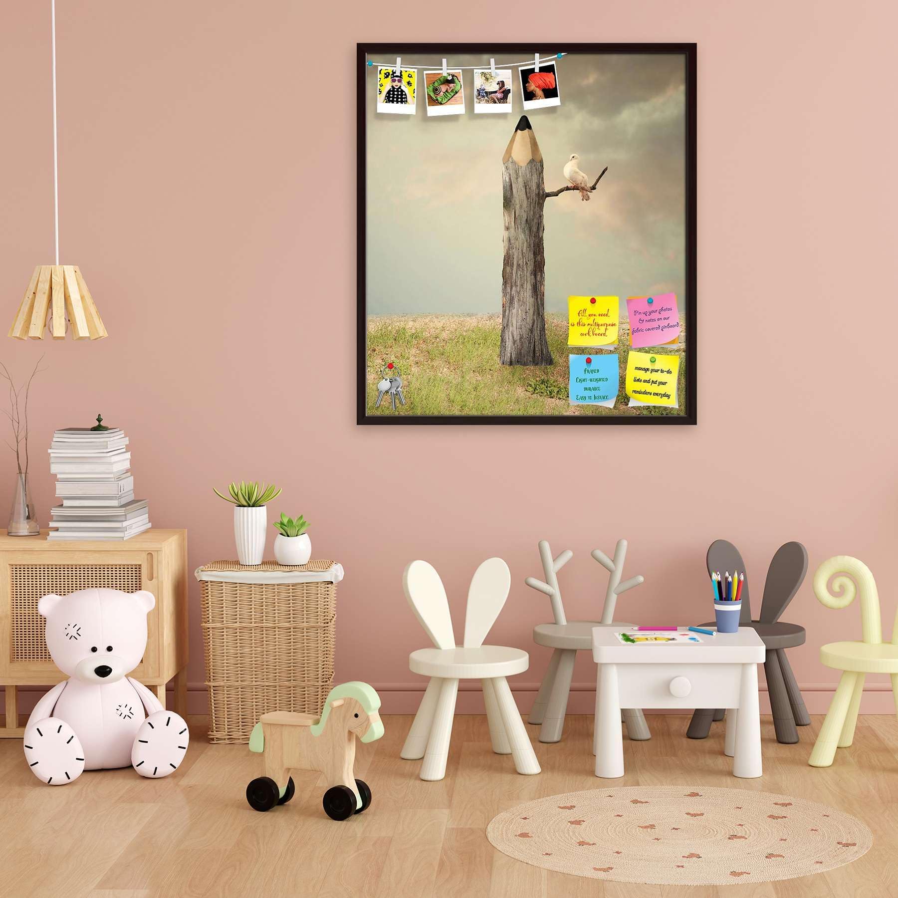 ArtzFolio Pencil Like A Tree with A Dove Under A Branch Printed Bulletin Board Notice Pin Board Soft Board | Dark Brown Frame 24 X 27.1Inch