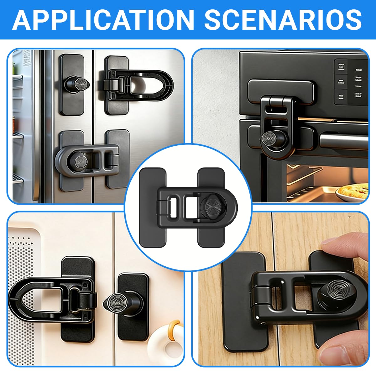 Serrure de Porte de Réfrigérateur de Sécurité Enfant, Lot de 4 Verrous ABS Noirs avec Rotation 90°, Protection Bébé pour Frigo, Tiroirs et Armoires