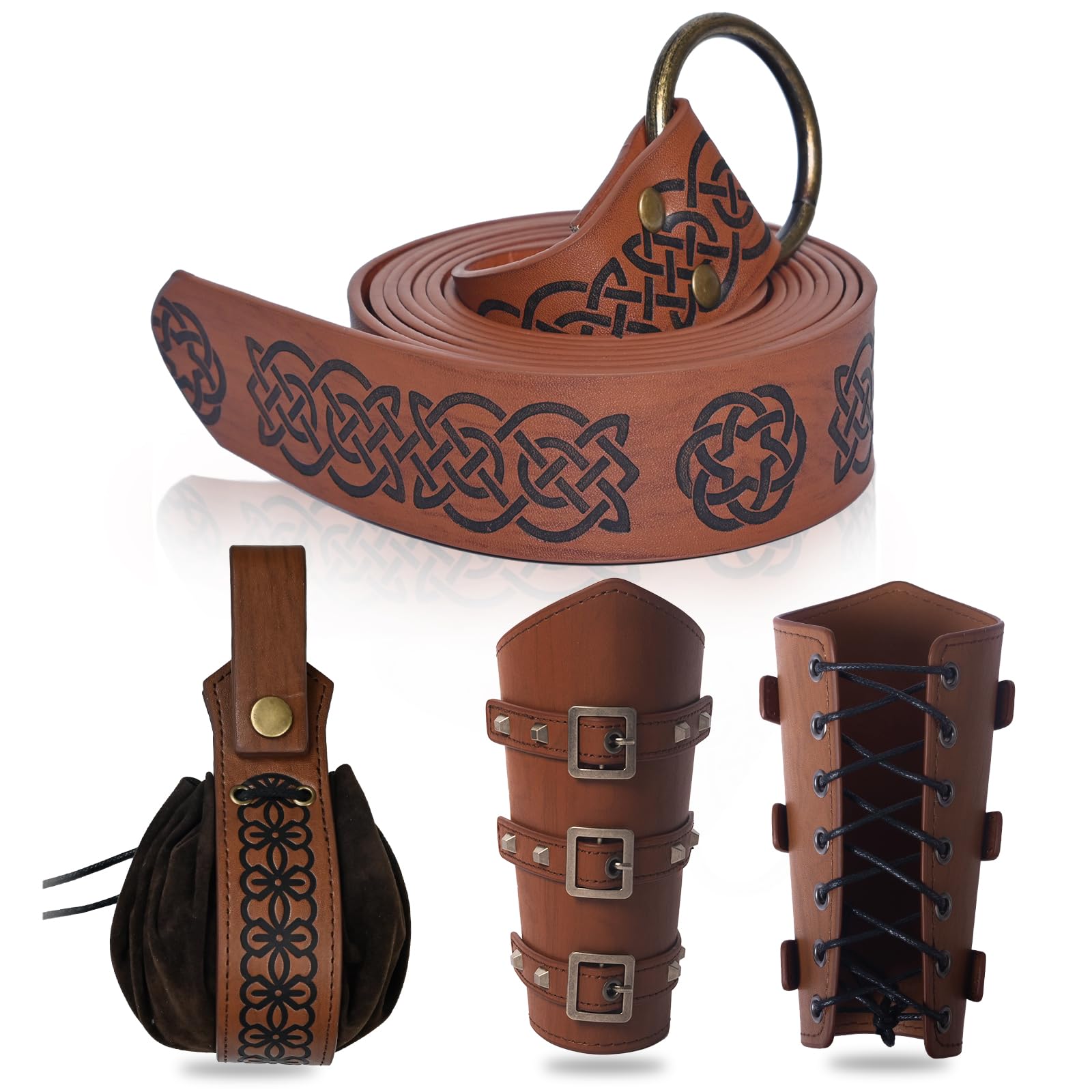 JDFAIJEAL Medieval Knight Accessories Set for Men & Women - Renaissance PU Leather Belt, Adjustable Arm Bracers,Vintage Waist Pouch