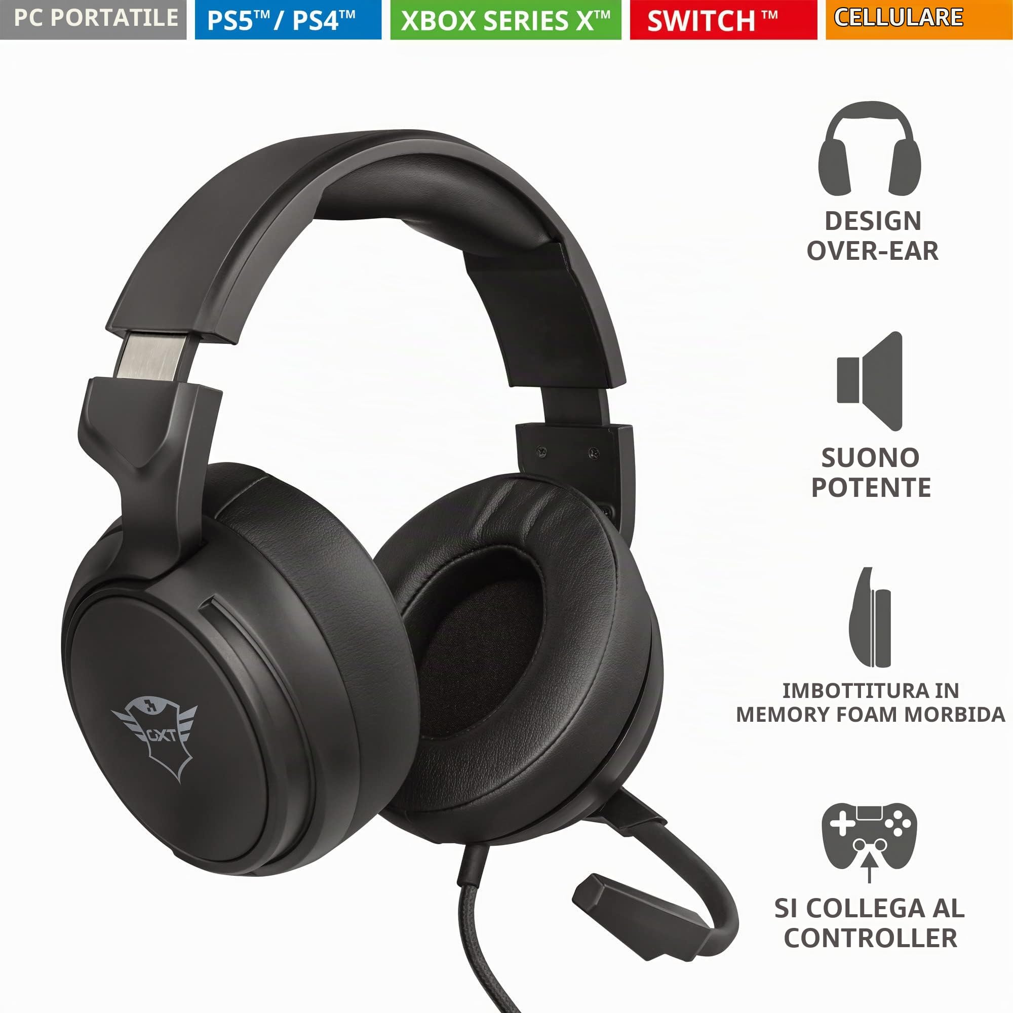 Trust Gaming Cuffie GXT 433 Pylo con Microfono a Scomparsa, Driver da 50 mm, 3.5 mm Jack, Filo, Over Ear, per PS4, PS5, Xbox Series X, PC, Xbox One, Switch, Nero, taglia unica
