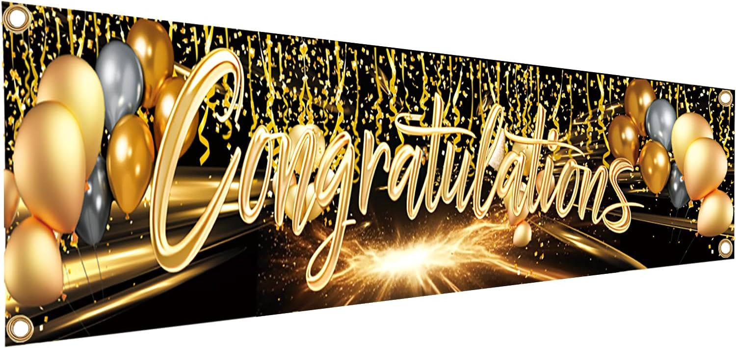Pre-Strung Congratulations Banner - Gold Glitter Garland With Tassels For Graduation, Retirement, Parties - View #2