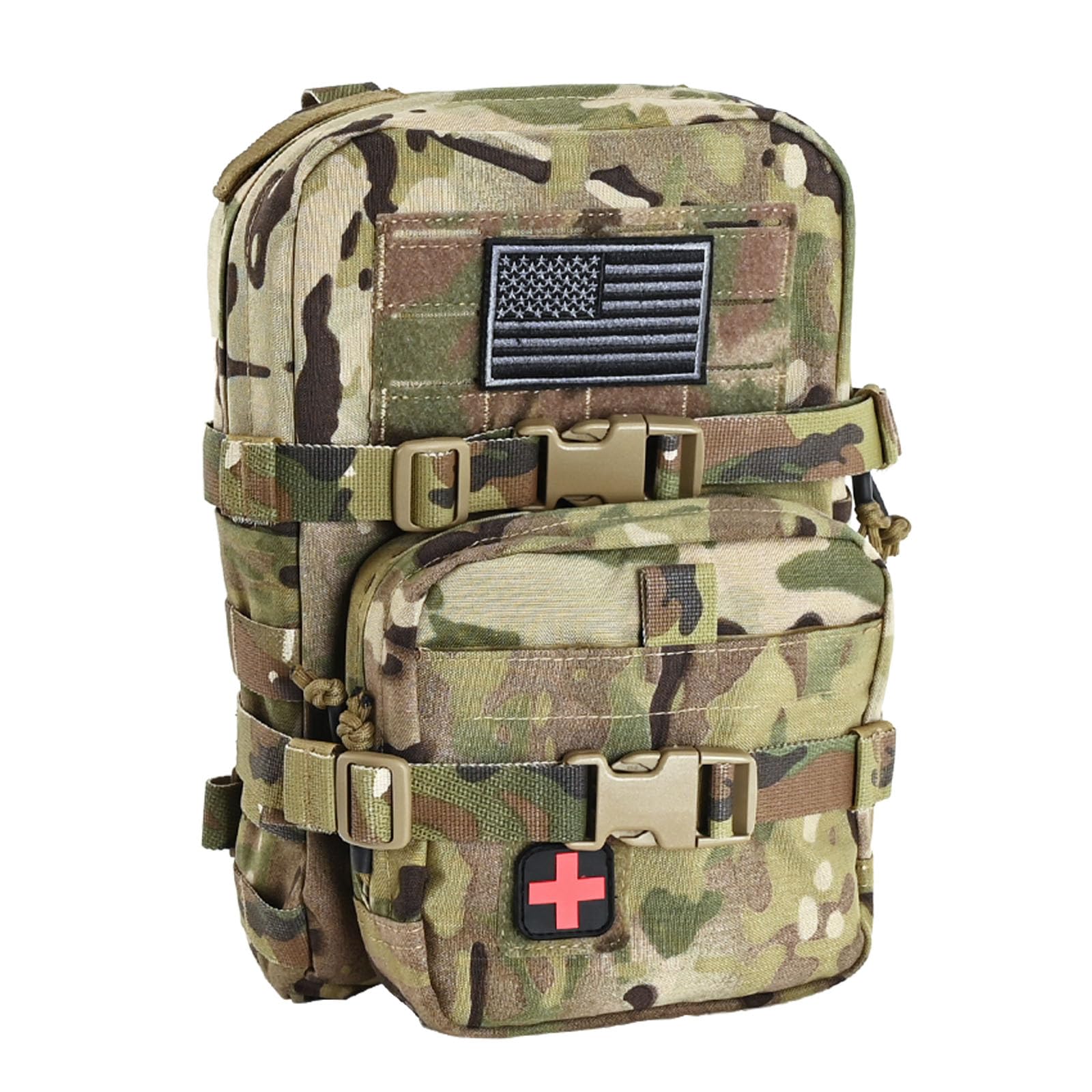 Paquete de hidratación táctico Mini Molle, portador de hidratación Molle con bolsa IFAK, bandera de Estados Unidos y parche Med, Hydropack para bolsa de agua de 2 litros