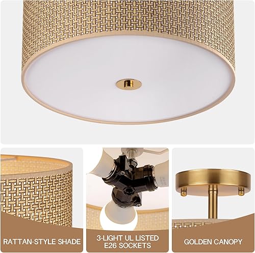 Miniatura 3 de Lámpara de techo bohemia de ratán tejido de 13 pulgadas, lámpara de montaje semiempotrado moderna de 3 luces con pantalla de tela de tambor,