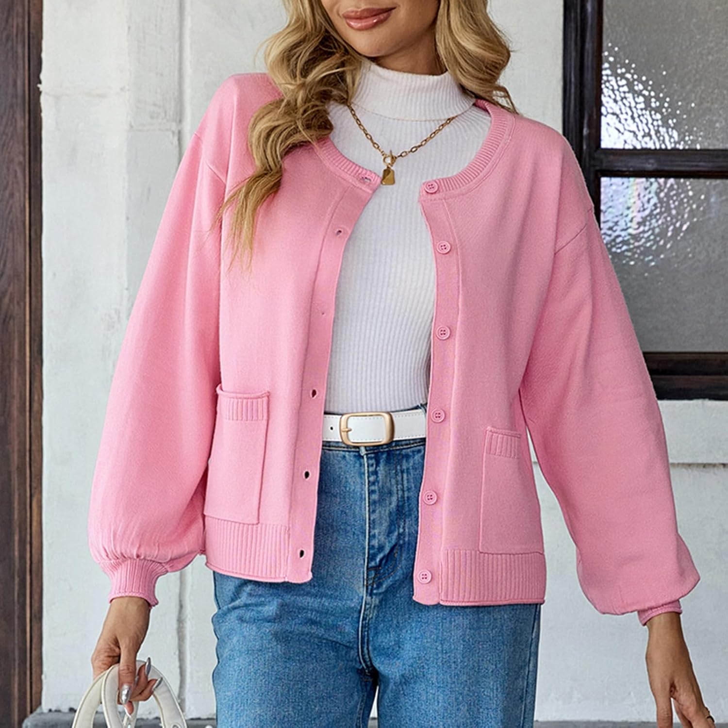 Women's Puff Long Sleeve Cardigan Sweater Round Neck Open Front Button Ribbed Knit Fall Casual Loose Fit Top with Pockets - Image 3