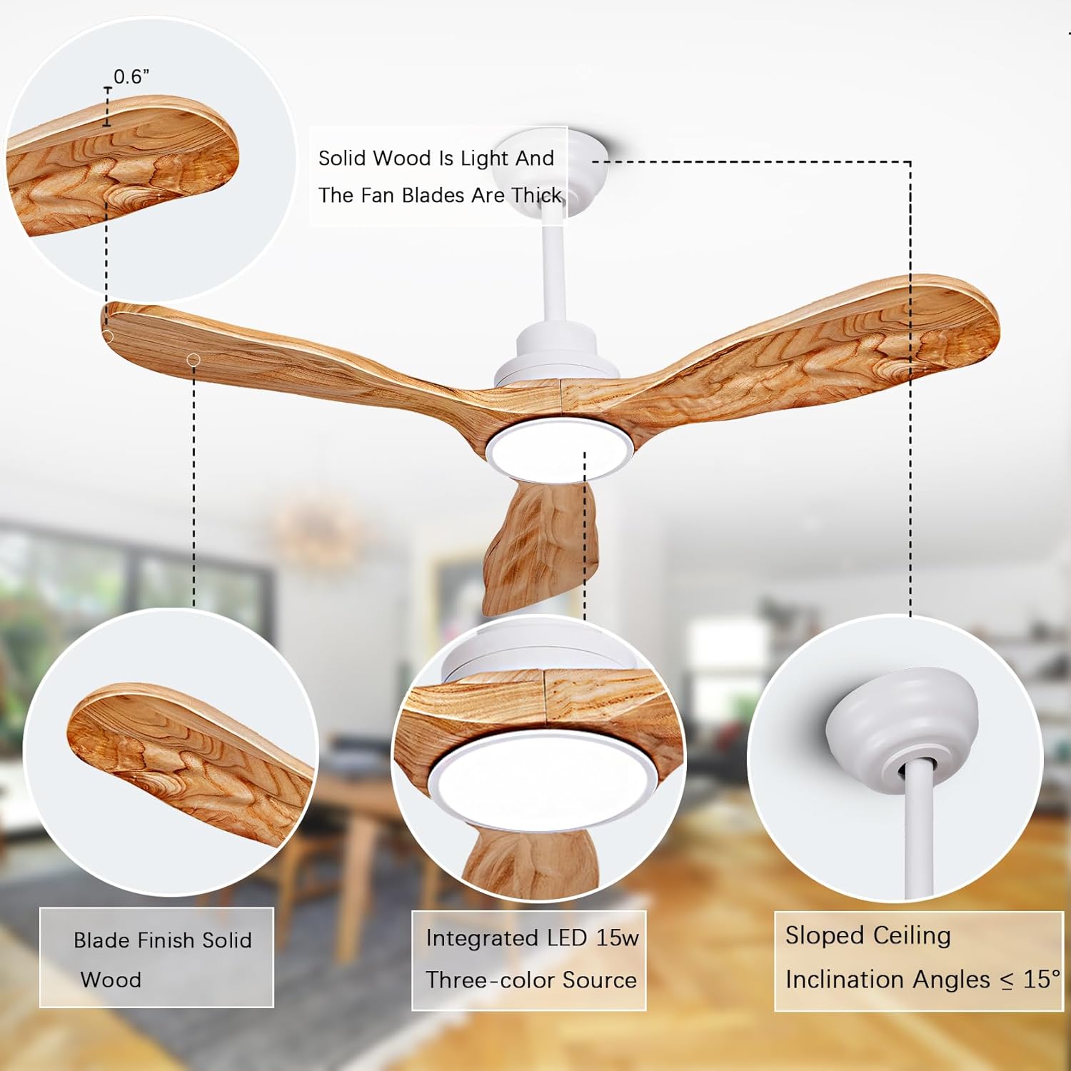 Ceiling Fans with Lights and Remote,42 Inch Unique Wood Ceiling Fan with Noiseless Reversible DC Motor,3 Blades,3 Downrods, for Farmhouse,Patio Living Room,Bedroom,Office,Indoor Outdoor(White+Wood)