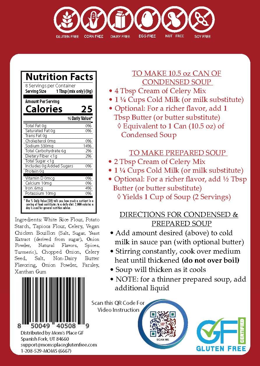 Mom's Place Gluten-Free & Dairy Free Cream of Celery Soup Mix, Equal to 2 Cans of Condensed Soup, Vegan, Nut Free & Soy Free, 2.4 oz