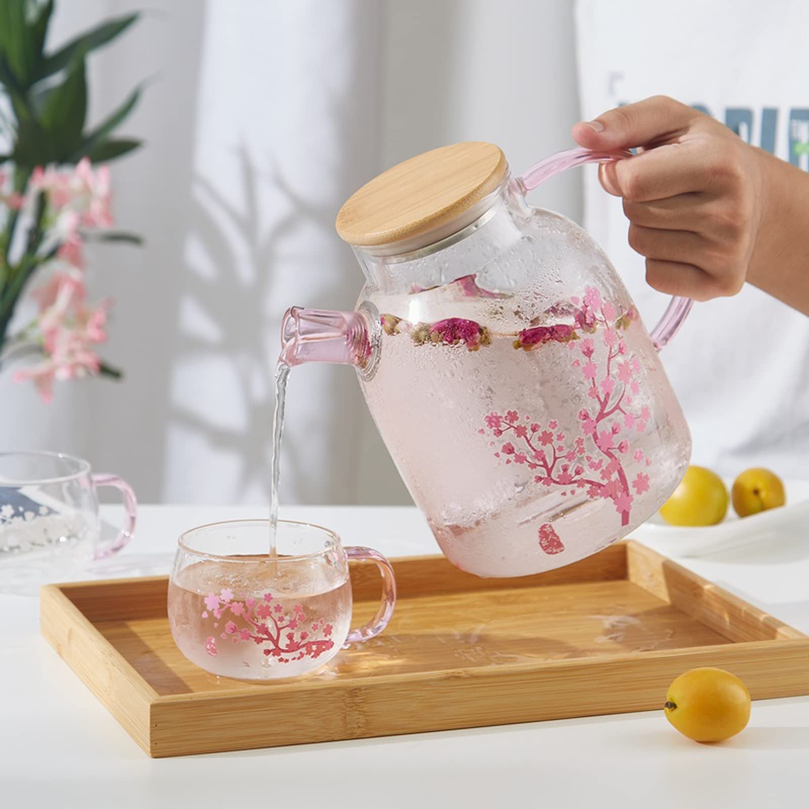 Karafka na wodę Szklany czajnik na zimną wodę Kubek Ciepło Kubek do herbaty Ciepło Przezroczysty Kubek Różowa Mata do czajnika Wygodny uchwyt Ice Tea Dzbanek (Kolor: