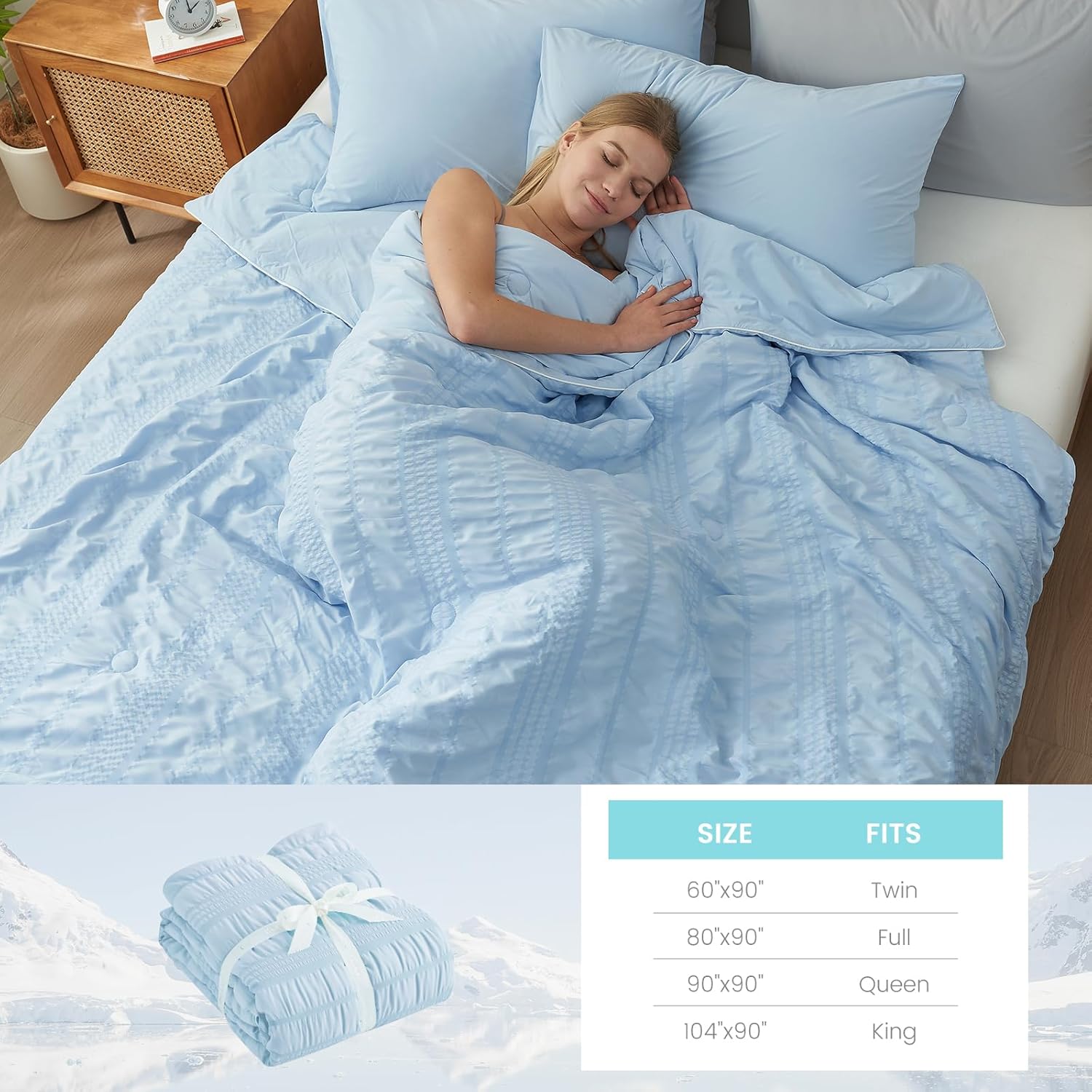 Cozy Bliss Seersucker Cooling Comforter Queen Size, Q-Max 0.4 Reversible Lightweight Cooling Blanket, Breathable Silk Smooth Summer Bedding Quilt for Hot Sleepers Night Sweats Cold Blue - Image 7