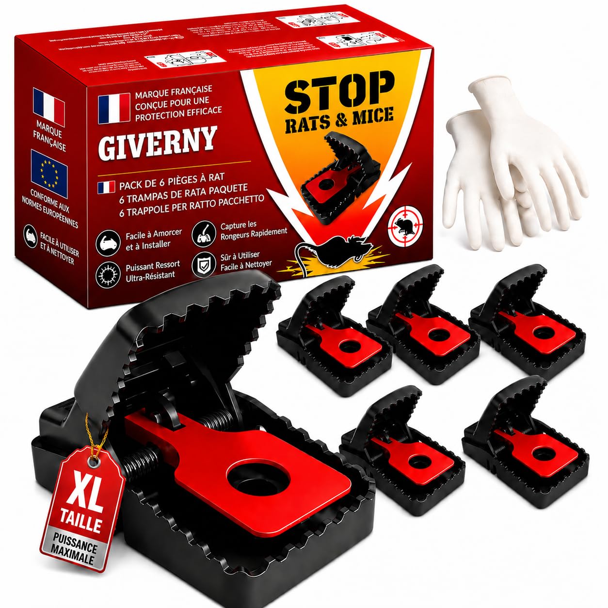 GIVERNY Piège à Rats XXL Lot de 6 Tapette Ultra-Puissante Réutilisable Anti Rongeurs Non Toxique Intérieur Extérieur