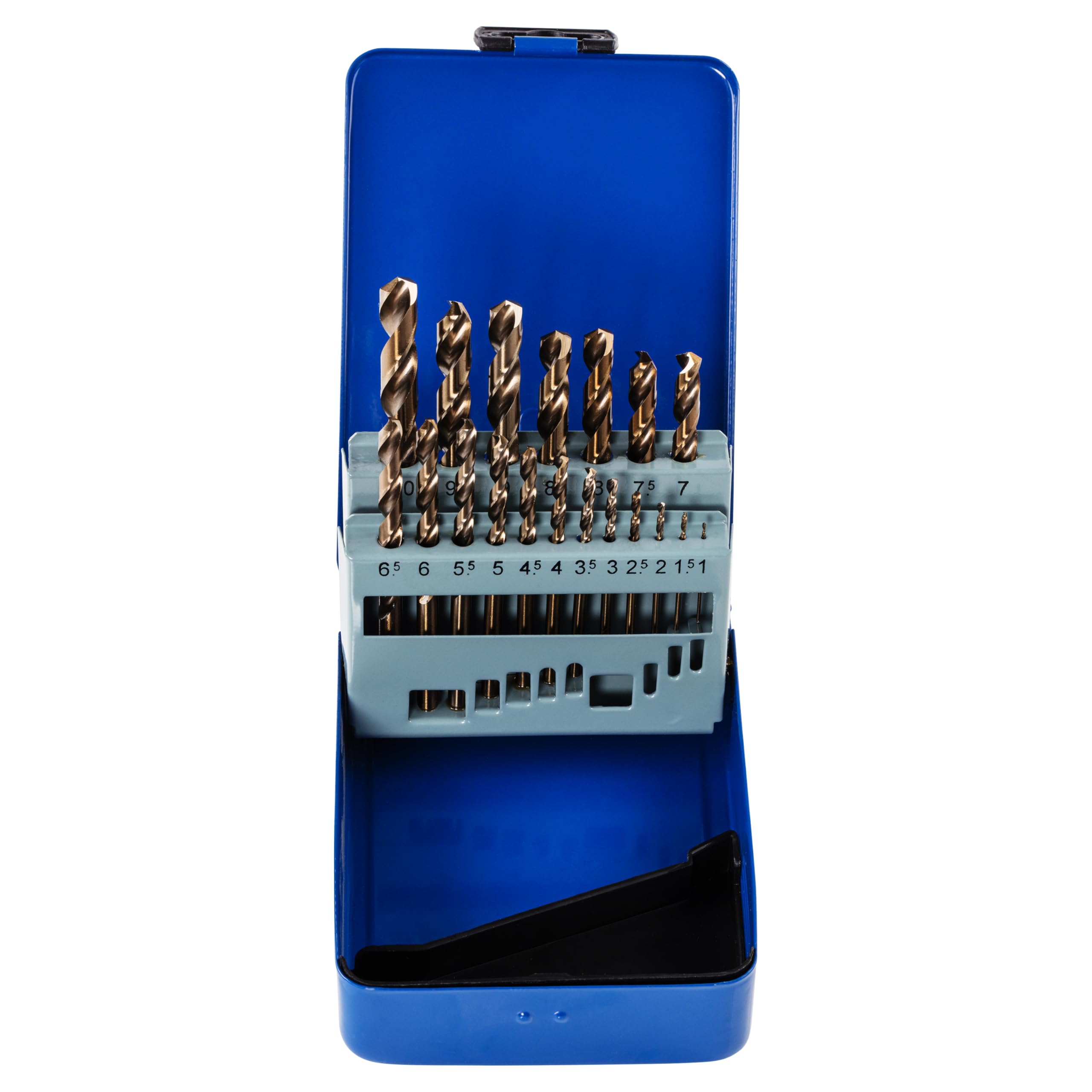 Rennie Tool Company Set di 19 punte per trapano HSS al cobalto con custodia in metallo, per acciaio inossidabile, alluminio, metalli duri, ghisa, plastica e legno