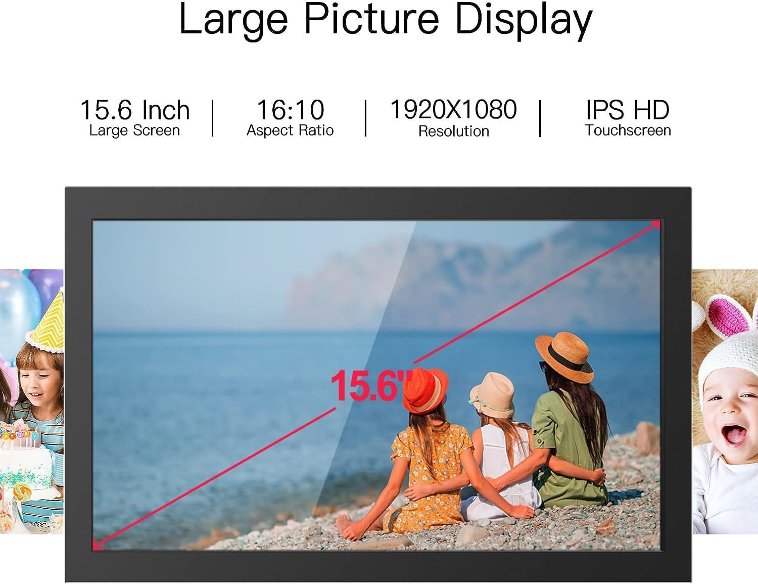 Cornice Digitale WiFi da 15,6 pollici, Full HD Touch Screen Smart Digital Photo Frame con 32 GB di Memoria, Rotazione Automatica,Facile Installazione per Condividere Foto e Video Tramite Frameo