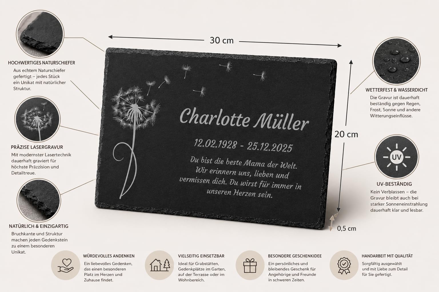 Schiefer Gedenktafel Grabplatte mit hochwertiger Gravur, Grabstein Urnengrab Grabschmuck selbst gestalten, Andenken an geliebten Mensch, Geschenk