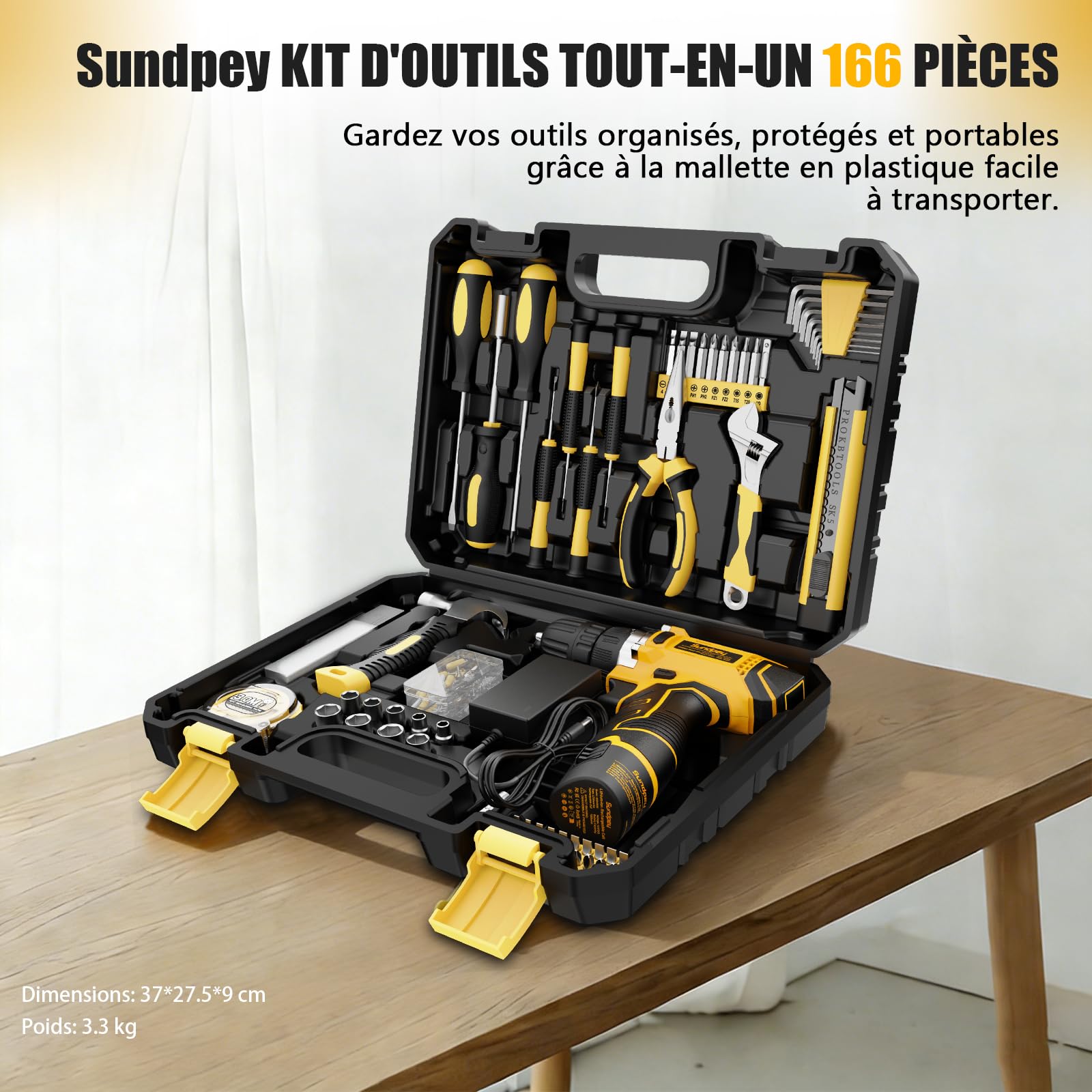 Sundpey Caisse a Outil Complete 166 Pièces avec Perceuse Sans Fil 12V, Trousse Complète avec Batterie, Chargeur, Malette Outils - Kit de Réparation Domicile pour Maison, Appartement, Jardin, Bureau