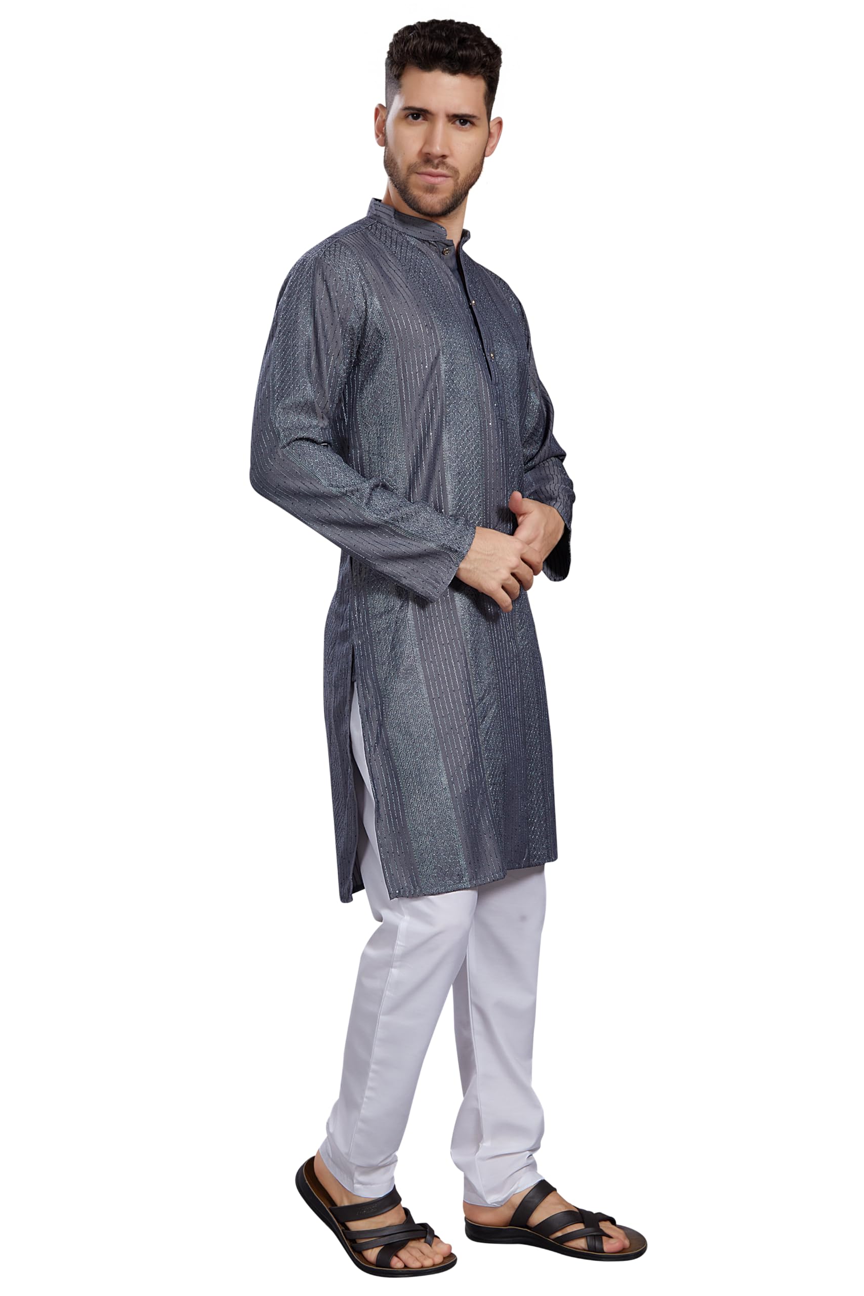 Divisive Men's Thread Embroidered Cotton Blend Only Slim Fit Kurta (Dkrt777_S_Grey)