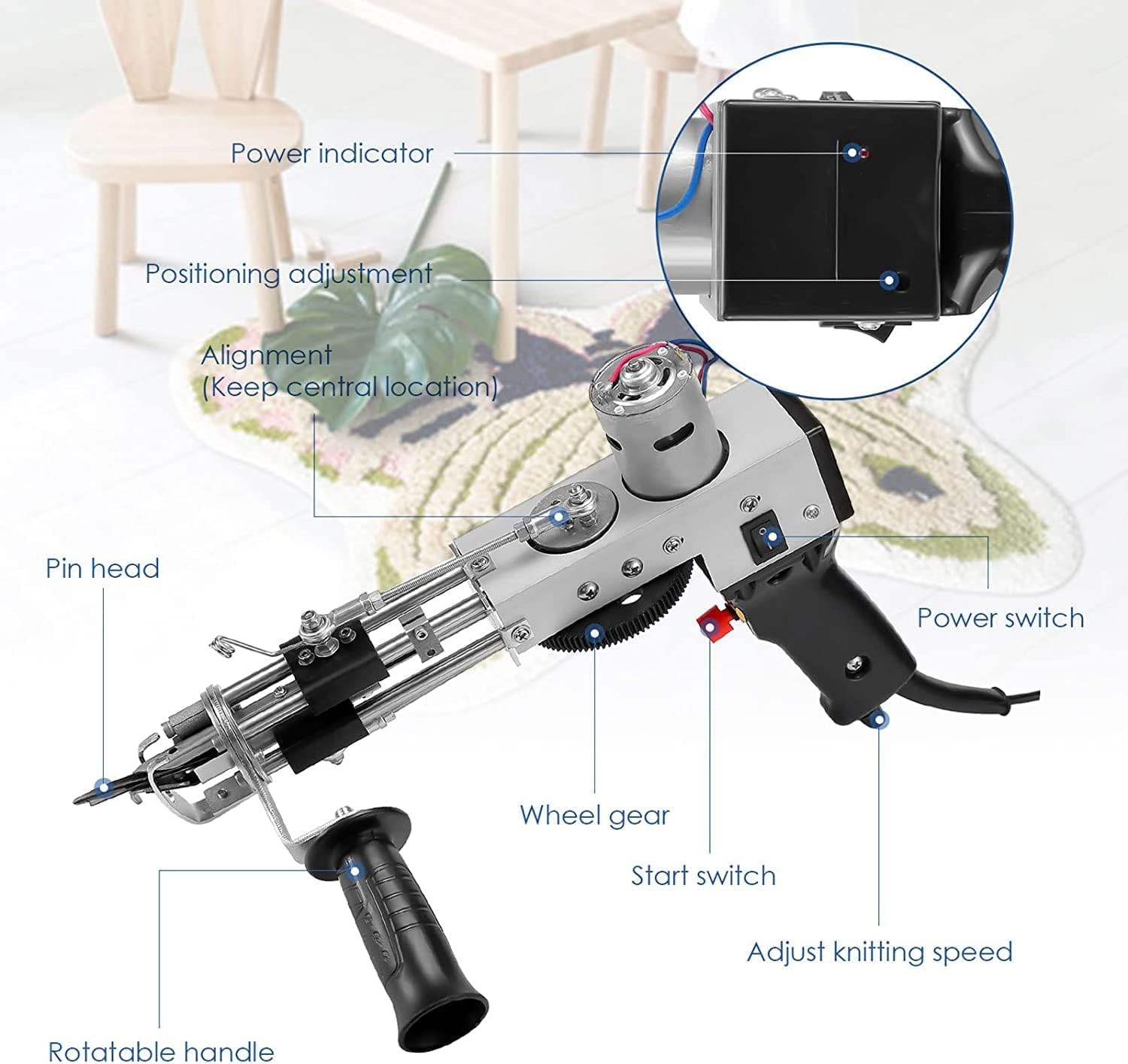 Pistola Tufting,5-40 Steps/S Tufting Gun Pistola elettrica a spruzzo 7-21 mm Regolabile Macchina per maglieria Tappeti per Natale Artigianato Tappeto Abbigliamento