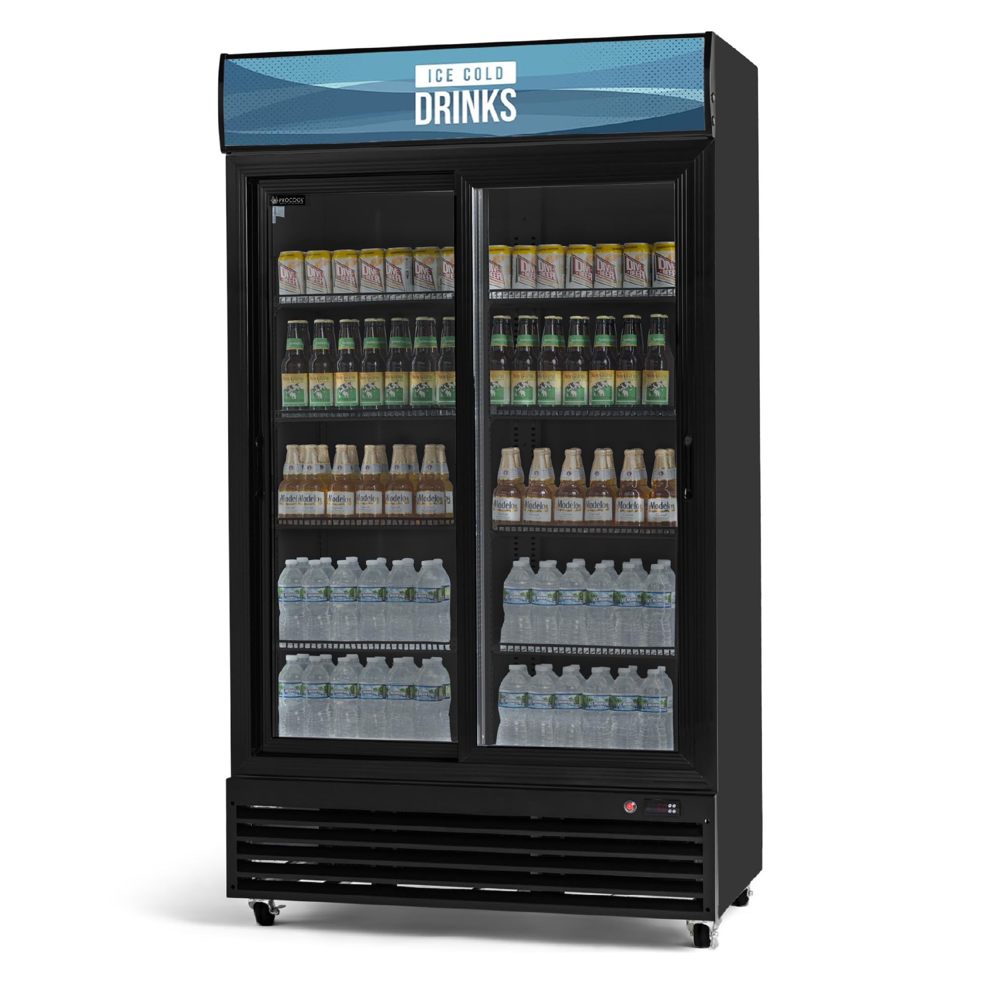 Procool Black Sliding 2-Door Display Fridge, 35.3CuFt, Ice Cold Drinks Sign