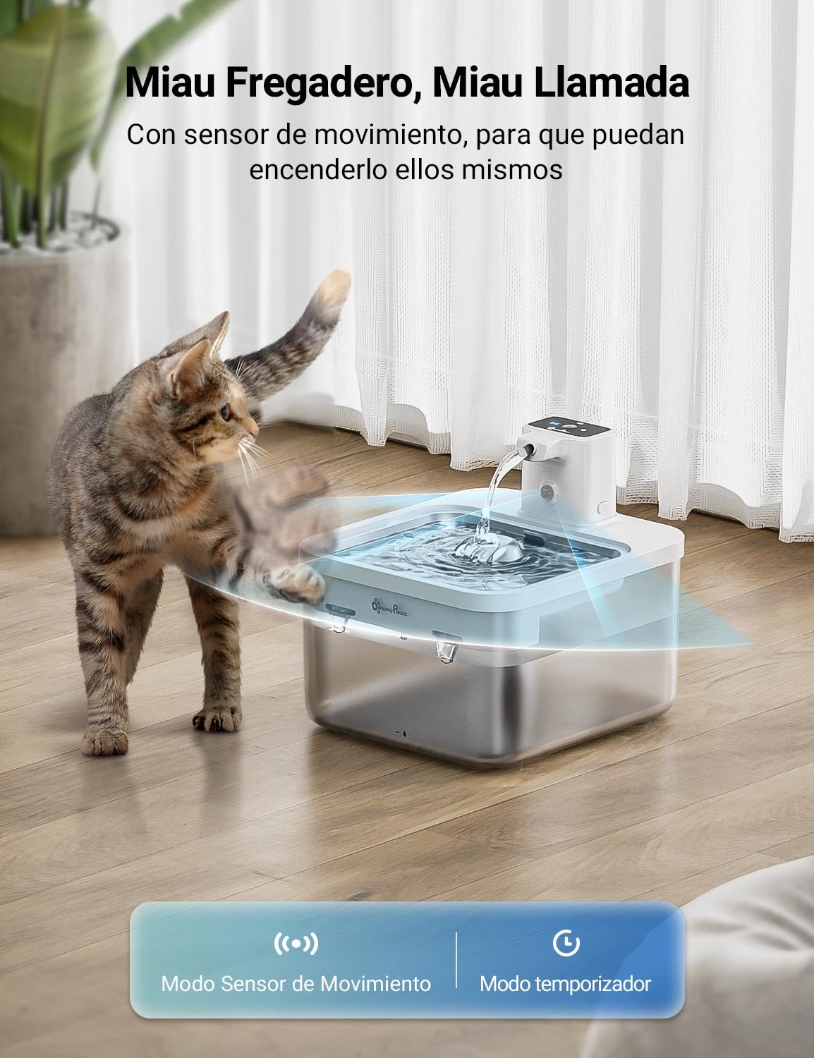 DownyPaws Fuente para Gatos Sin Cable, 2.5L Bebedero gato con Sensor de Movimiento, Fuente Agua Gato Inalámbrica, Batería 4000mAh, Bomba de Agua Silenciosa y Bandeja de Acero Inox, Blanco con 6 Filtro