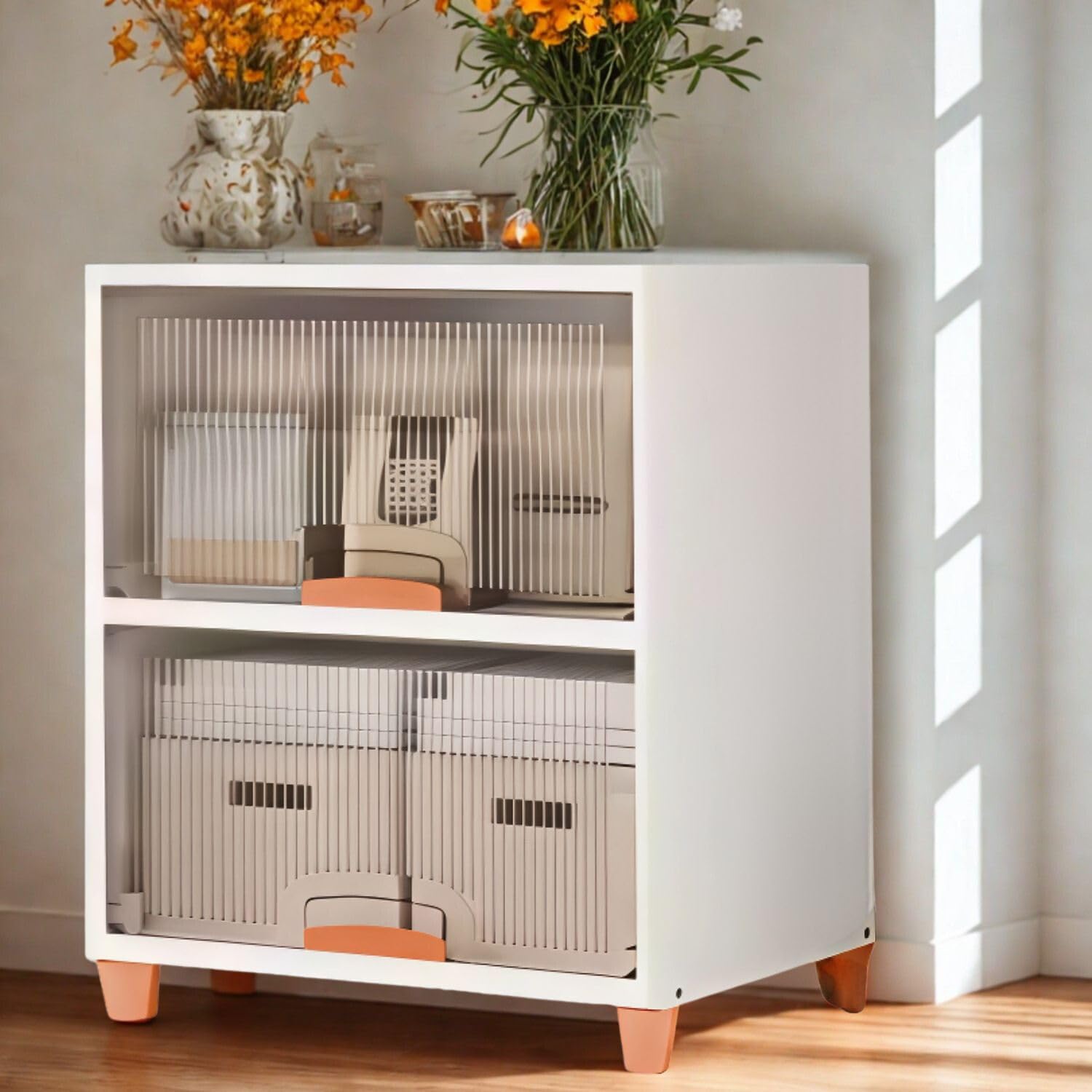 2Pcs X-Large Cabinet Storage Organizer 45 X 38 X 65 CM for Clothes/Cupboard/Plastic Almirah/Foldable Kid Wardrobe for Toys/Stackable Cabinet for Home,Bedroom,Bathroom,Kitchen-Clear-image-13